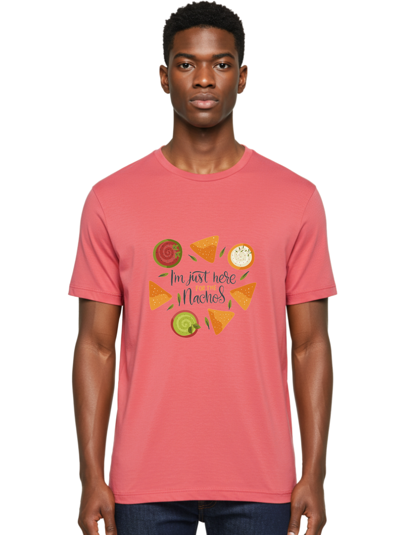 I-M-Just-Here-For-The-Nachos-1 Men'S Graphic Tee, 100% Cotton, Comfortable Casual Summer Wear, Machine Washable, Nachos, Dips, Salsa, Guacamole, Queso, Tortilla Chips, Snack Time, Mexican Food, Party Food, Nacho Cheese, Appetizer - Aaa262