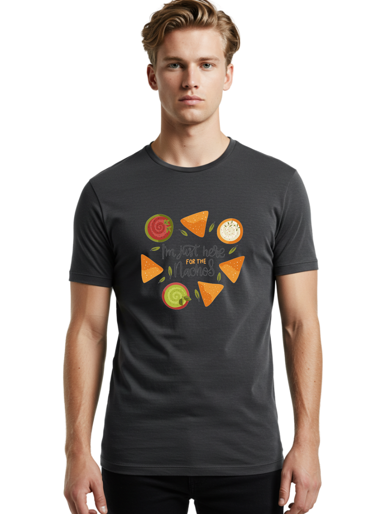 I-M-Just-Here-For-The-Nachos-1 Men'S Graphic Tee, 100% Cotton, Comfortable Casual Summer Wear, Machine Washable, Nachos, Dips, Salsa, Guacamole, Queso, Tortilla Chips, Snack Time, Mexican Food, Party Food, Nacho Cheese, Appetizer - Aaa262