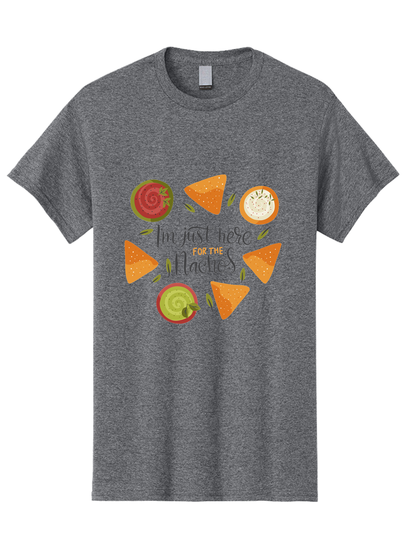 I-M-Just-Here-For-The-Nachos-1 Men'S Graphic Tee, 100% Cotton, Comfortable Casual Summer Wear, Machine Washable, Nachos, Dips, Salsa, Guacamole, Queso, Tortilla Chips, Snack Time, Mexican Food, Party Food, Nacho Cheese, Appetizer - Aaa262