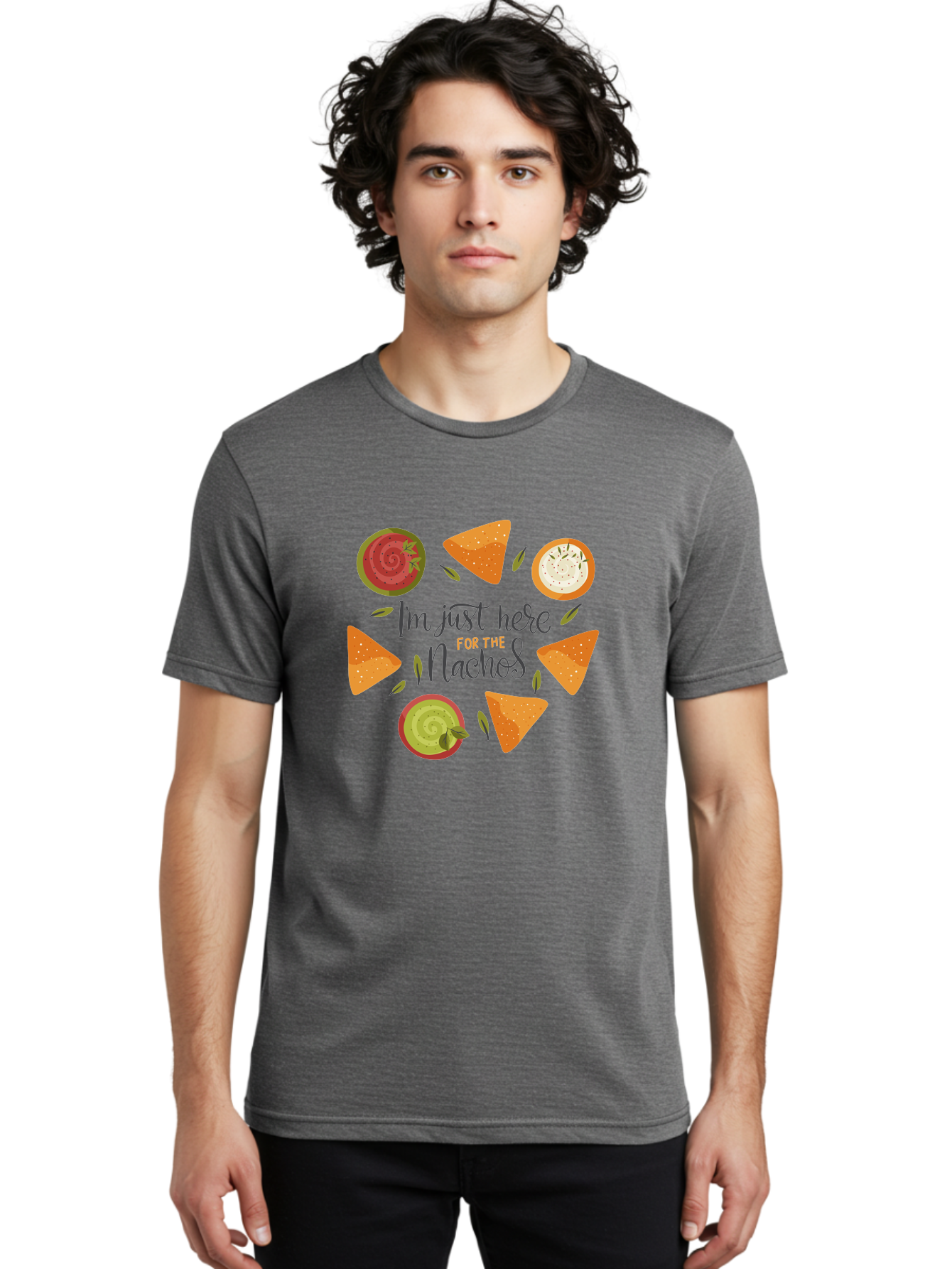 I-M-Just-Here-For-The-Nachos-1 Men'S Graphic Tee, 100% Cotton, Comfortable Casual Summer Wear, Machine Washable, Nachos, Dips, Salsa, Guacamole, Queso, Tortilla Chips, Snack Time, Mexican Food, Party Food, Nacho Cheese, Appetizer - Aaa262