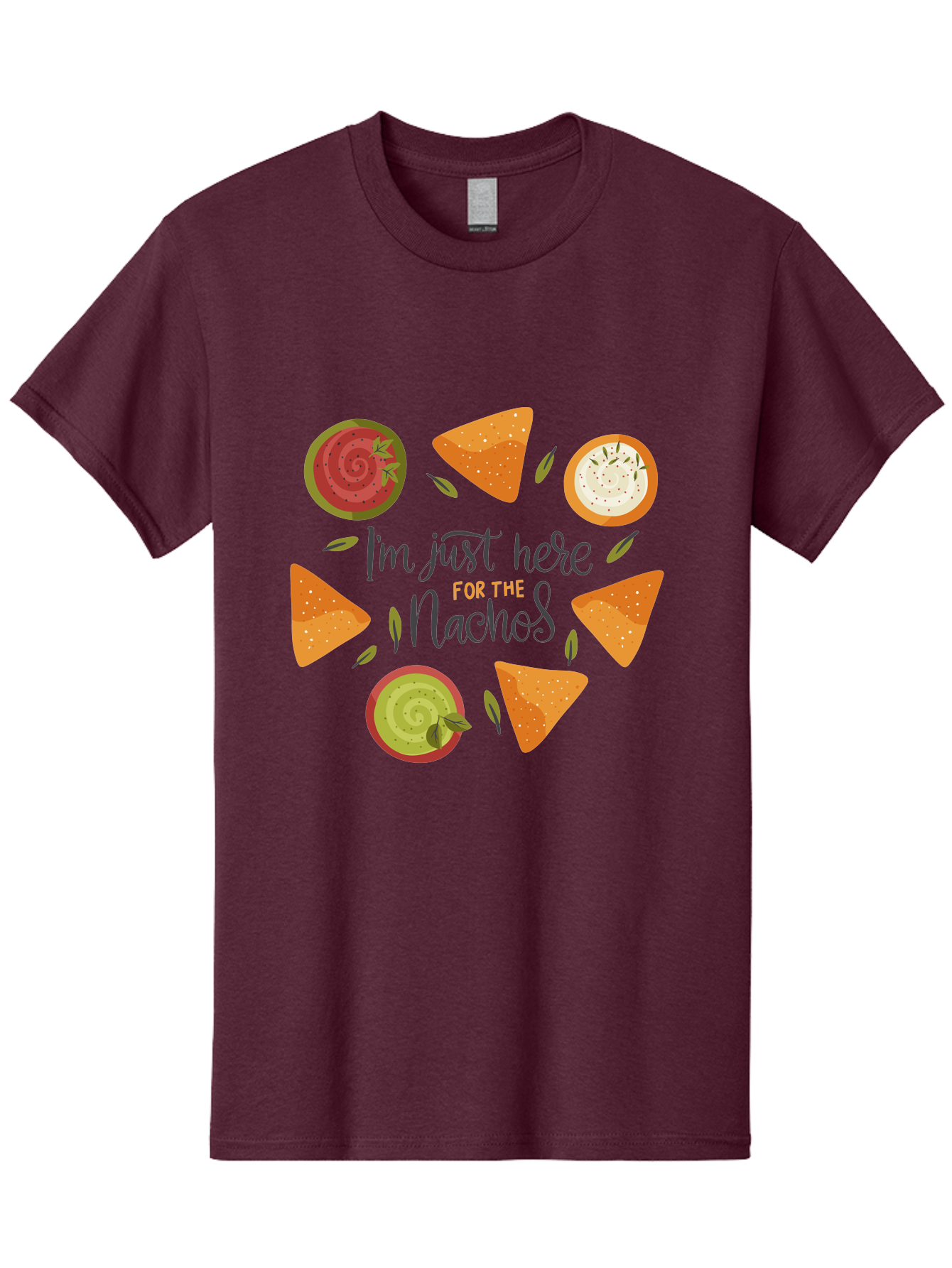 I-M-Just-Here-For-The-Nachos-1 Men'S Graphic Tee, 100% Cotton, Comfortable Casual Summer Wear, Machine Washable, Nachos, Dips, Salsa, Guacamole, Queso, Tortilla Chips, Snack Time, Mexican Food, Party Food, Nacho Cheese, Appetizer - Aaa262