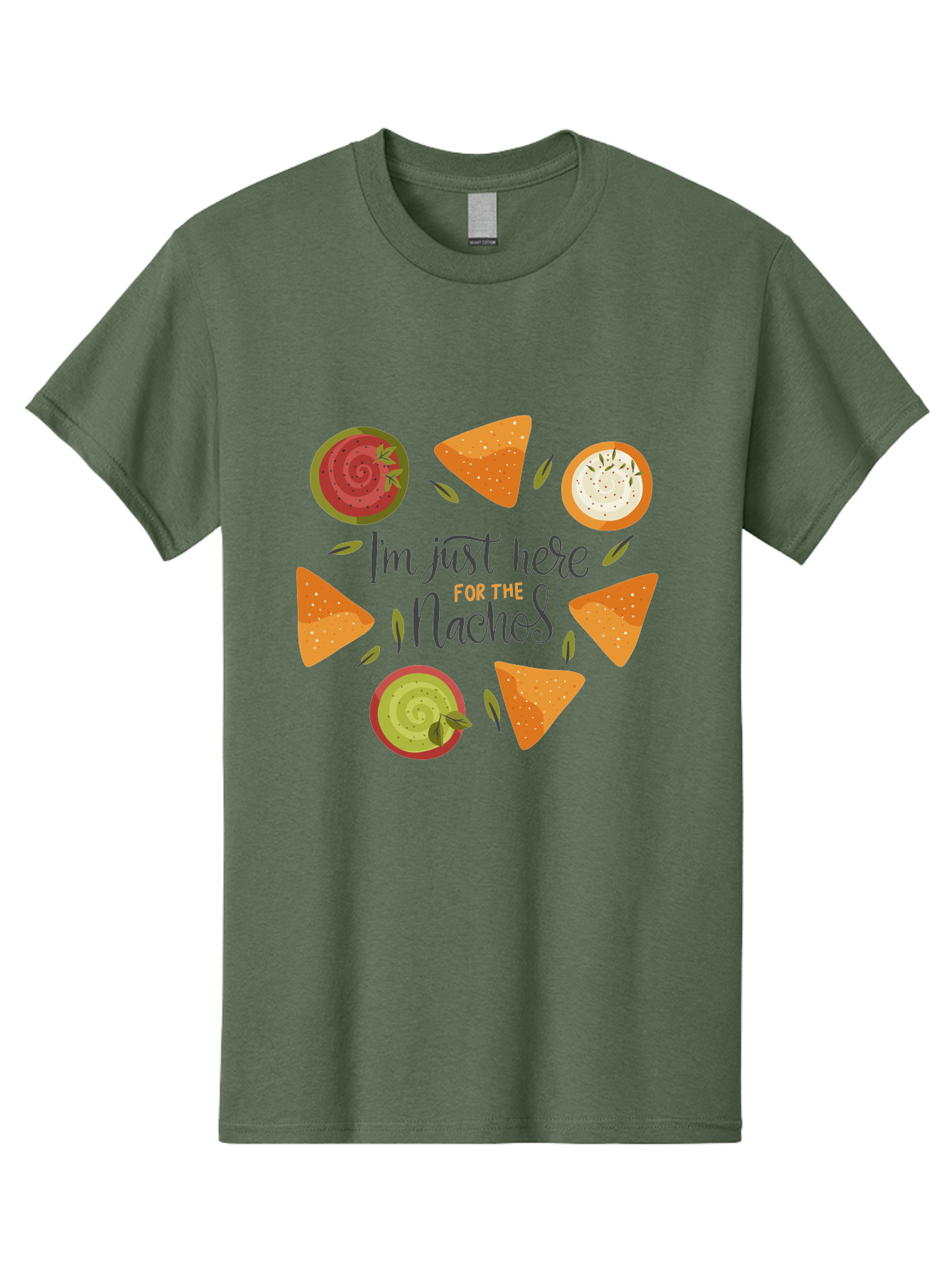 I-M-Just-Here-For-The-Nachos-1 Men'S Graphic Tee, 100% Cotton, Comfortable Casual Summer Wear, Machine Washable, Nachos, Dips, Salsa, Guacamole, Queso, Tortilla Chips, Snack Time, Mexican Food, Party Food, Nacho Cheese, Appetizer - Aaa262