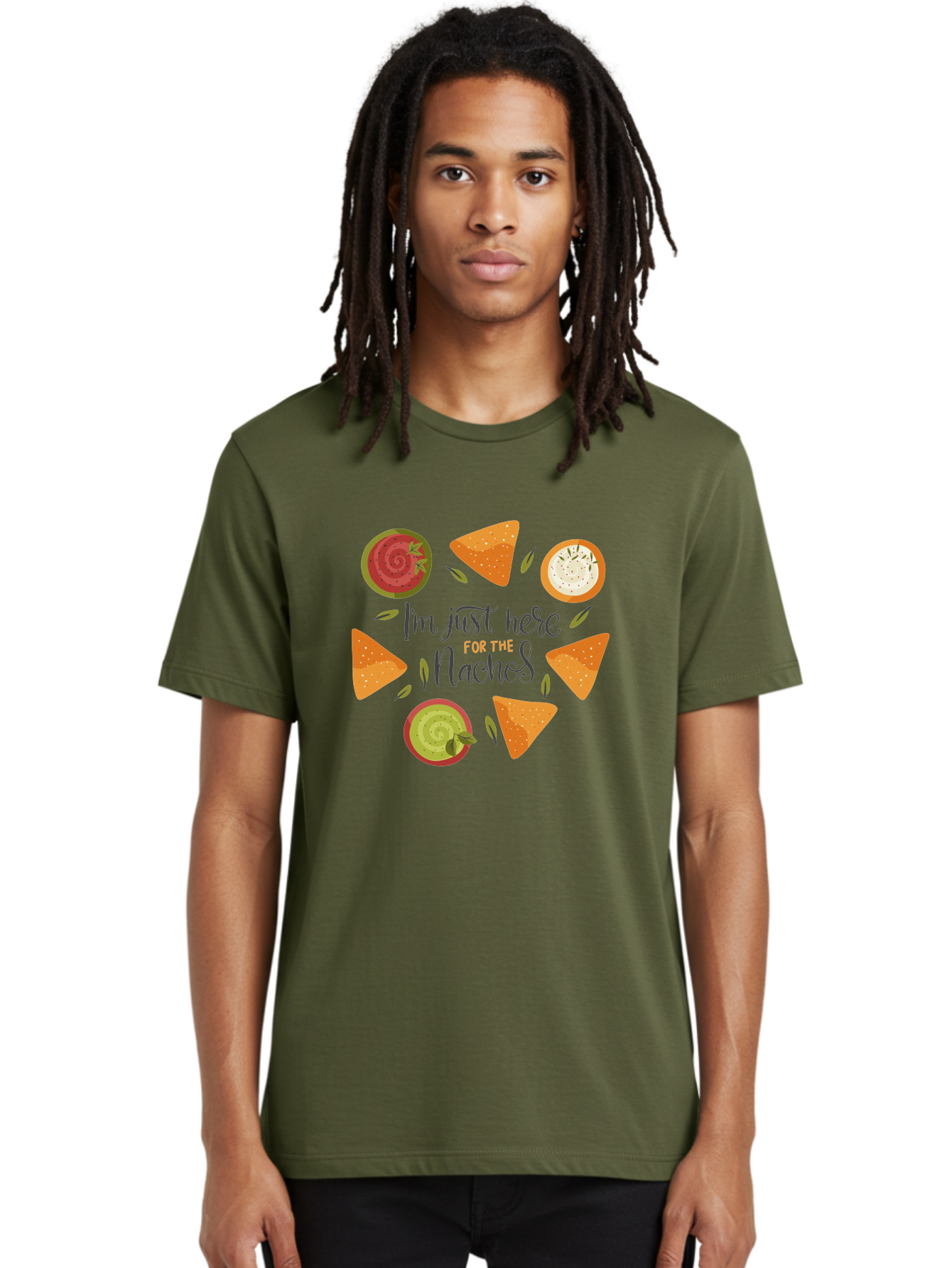 I-M-Just-Here-For-The-Nachos-1 Men'S Graphic Tee, 100% Cotton, Comfortable Casual Summer Wear, Machine Washable, Nachos, Dips, Salsa, Guacamole, Queso, Tortilla Chips, Snack Time, Mexican Food, Party Food, Nacho Cheese, Appetizer - Aaa262