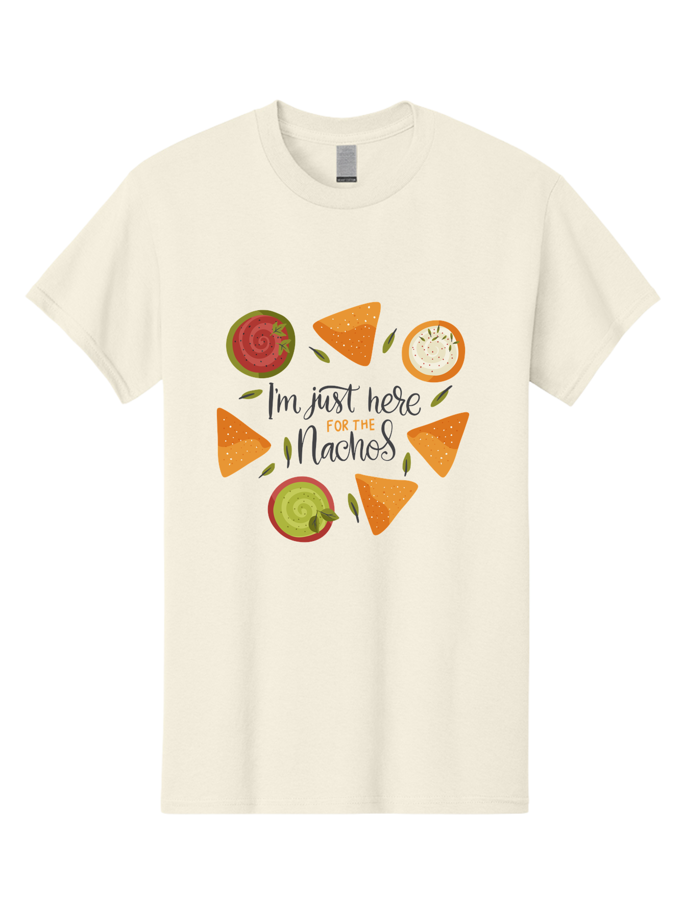 I-M-Just-Here-For-The-Nachos-1 Men'S Graphic Tee, 100% Cotton, Comfortable Casual Summer Wear, Machine Washable, Nachos, Dips, Salsa, Guacamole, Queso, Tortilla Chips, Snack Time, Mexican Food, Party Food, Nacho Cheese, Appetizer - Aaa262