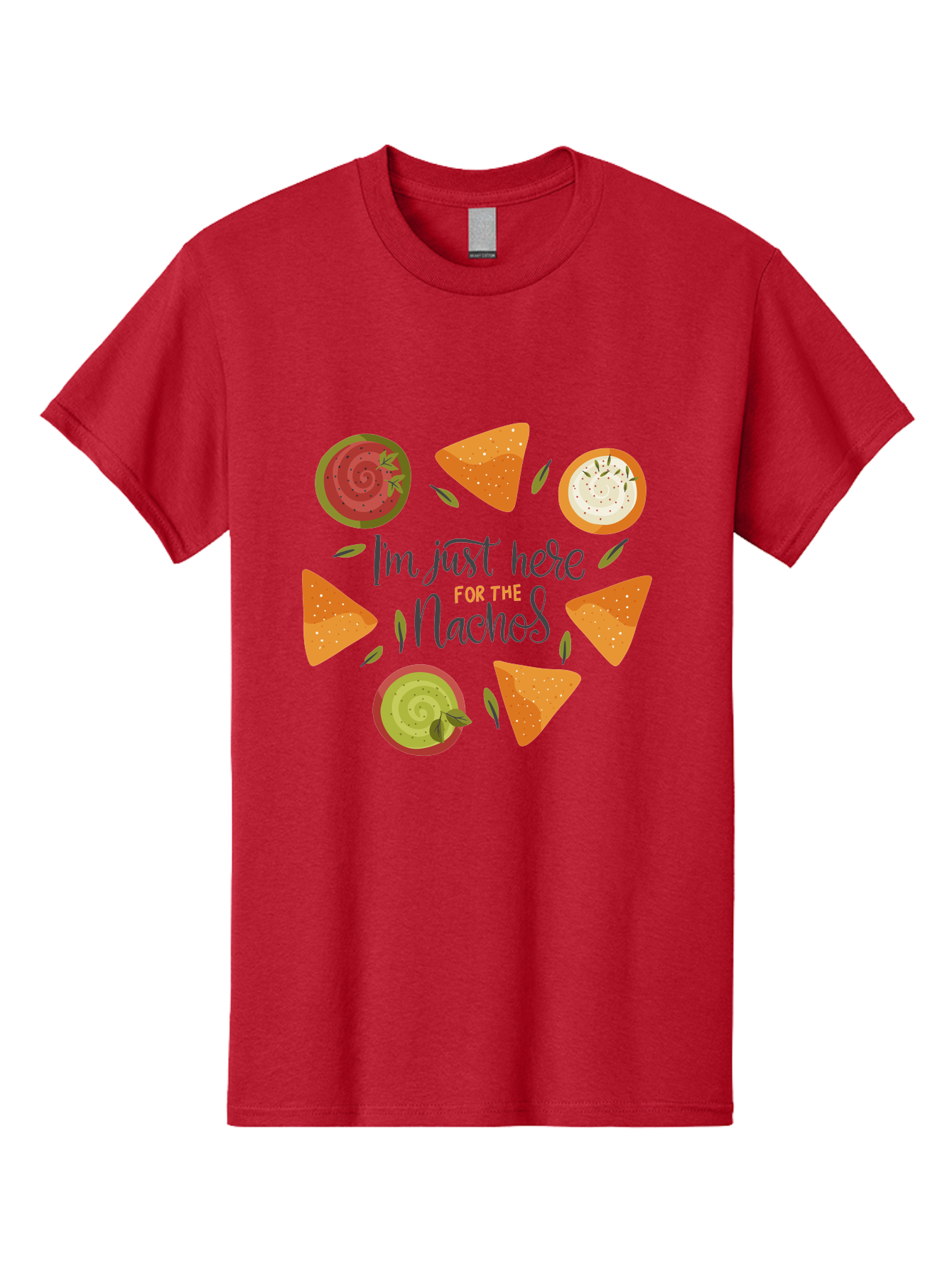 I-M-Just-Here-For-The-Nachos-1 Men'S Graphic Tee, 100% Cotton, Comfortable Casual Summer Wear, Machine Washable, Nachos, Dips, Salsa, Guacamole, Queso, Tortilla Chips, Snack Time, Mexican Food, Party Food, Nacho Cheese, Appetizer - Aaa262
