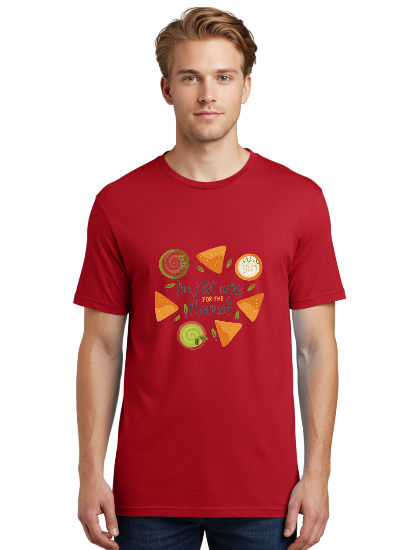 I-M-Just-Here-For-The-Nachos-1 Men'S Graphic Tee, 100% Cotton, Comfortable Casual Summer Wear, Machine Washable, Nachos, Dips, Salsa, Guacamole, Queso, Tortilla Chips, Snack Time, Mexican Food, Party Food, Nacho Cheese, Appetizer - Aaa262