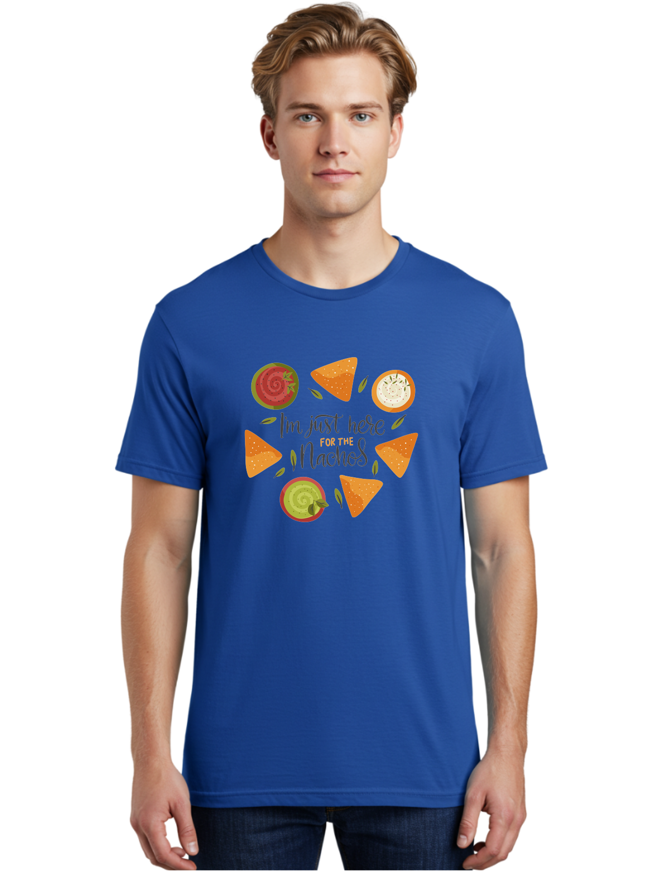 I-M-Just-Here-For-The-Nachos-1 Men'S Graphic Tee, 100% Cotton, Comfortable Casual Summer Wear, Machine Washable, Nachos, Dips, Salsa, Guacamole, Queso, Tortilla Chips, Snack Time, Mexican Food, Party Food, Nacho Cheese, Appetizer - Aaa262