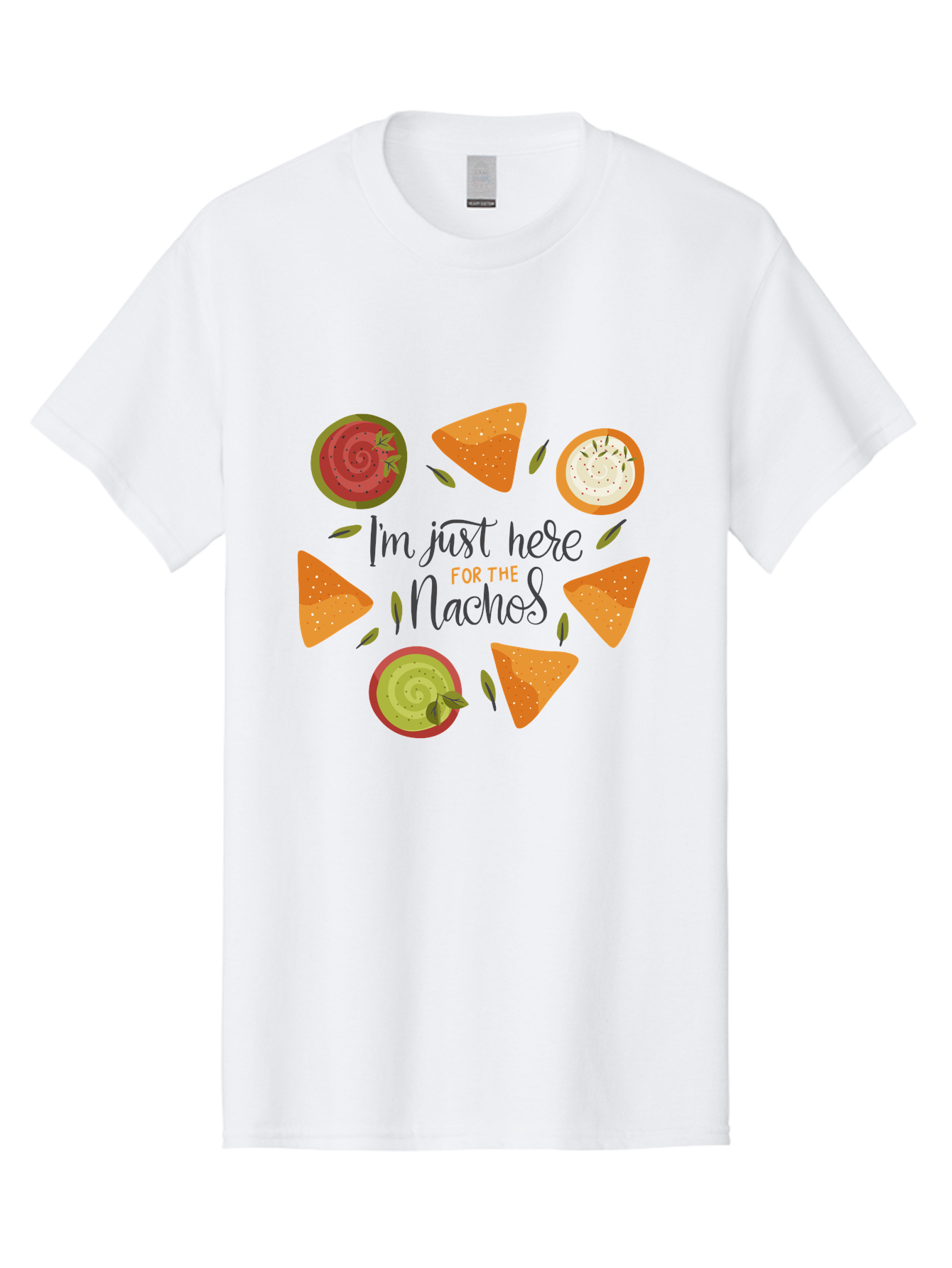 I-M-Just-Here-For-The-Nachos-1 Men'S Graphic Tee, 100% Cotton, Comfortable Casual Summer Wear, Machine Washable, Nachos, Dips, Salsa, Guacamole, Queso, Tortilla Chips, Snack Time, Mexican Food, Party Food, Nacho Cheese, Appetizer - Aaa262