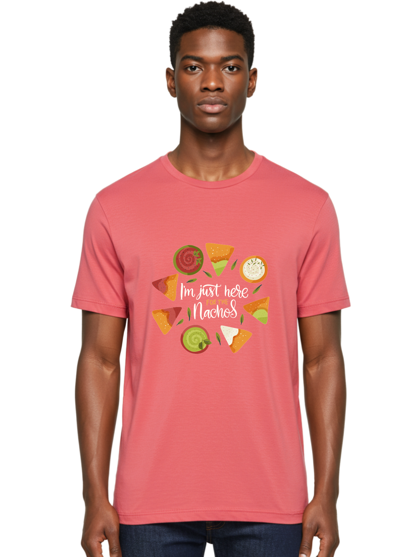 I-M-Just-Here-For-The-Nachos Men'S Graphic Tee, 100% Cotton, Comfortable Casual Summer Wear, Machine Washable, Nachos, Tortilla Chips, Dips, Salsa, Guacamole, Mexican Food, Snack Time, Party Food, Appetizer, Finger Food, Delicious - Aaa265
