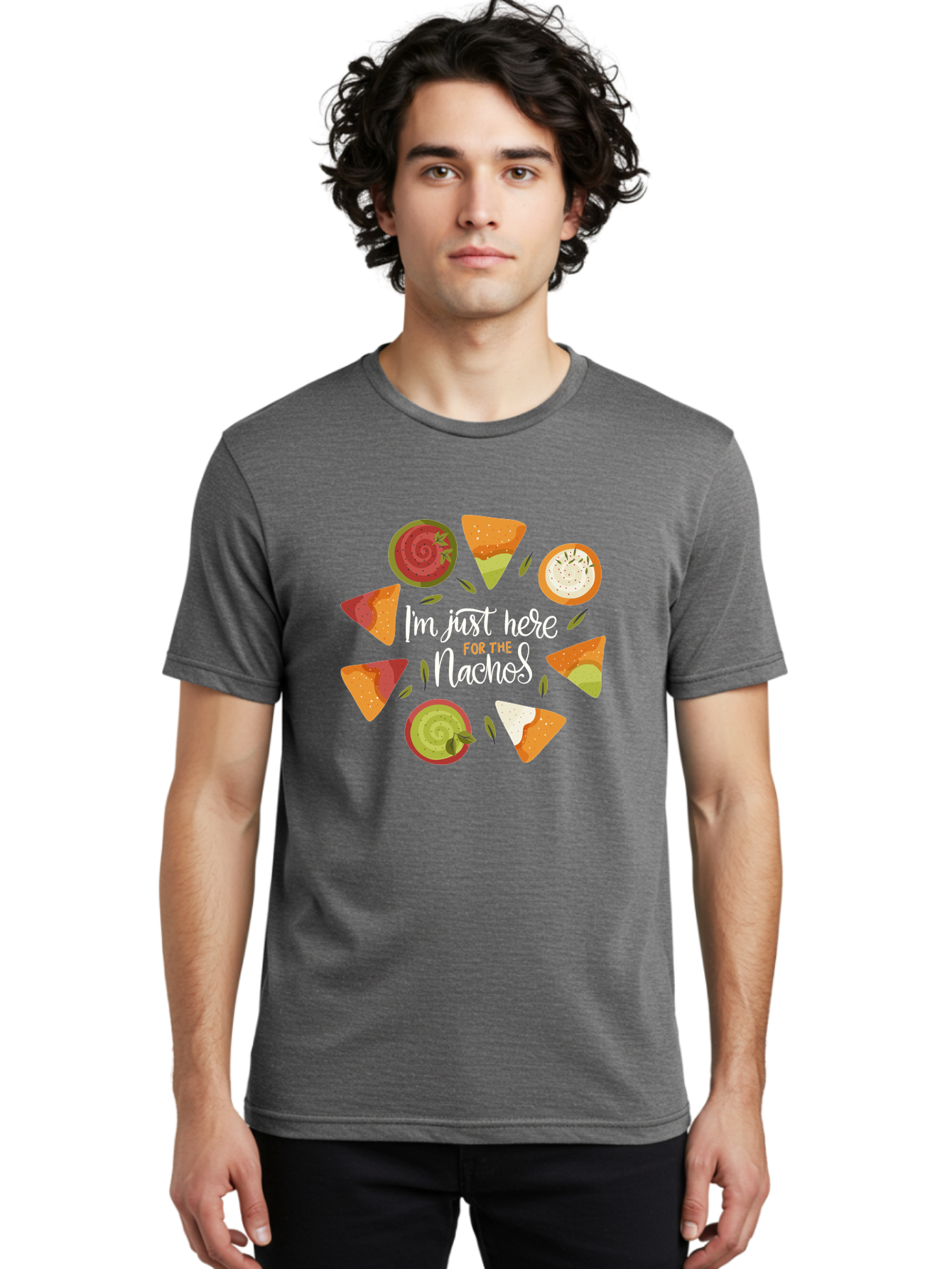 I-M-Just-Here-For-The-Nachos Men'S Graphic Tee, 100% Cotton, Comfortable Casual Summer Wear, Machine Washable, Nachos, Tortilla Chips, Dips, Salsa, Guacamole, Mexican Food, Snack Time, Party Food, Appetizer, Finger Food, Delicious - Aaa265
