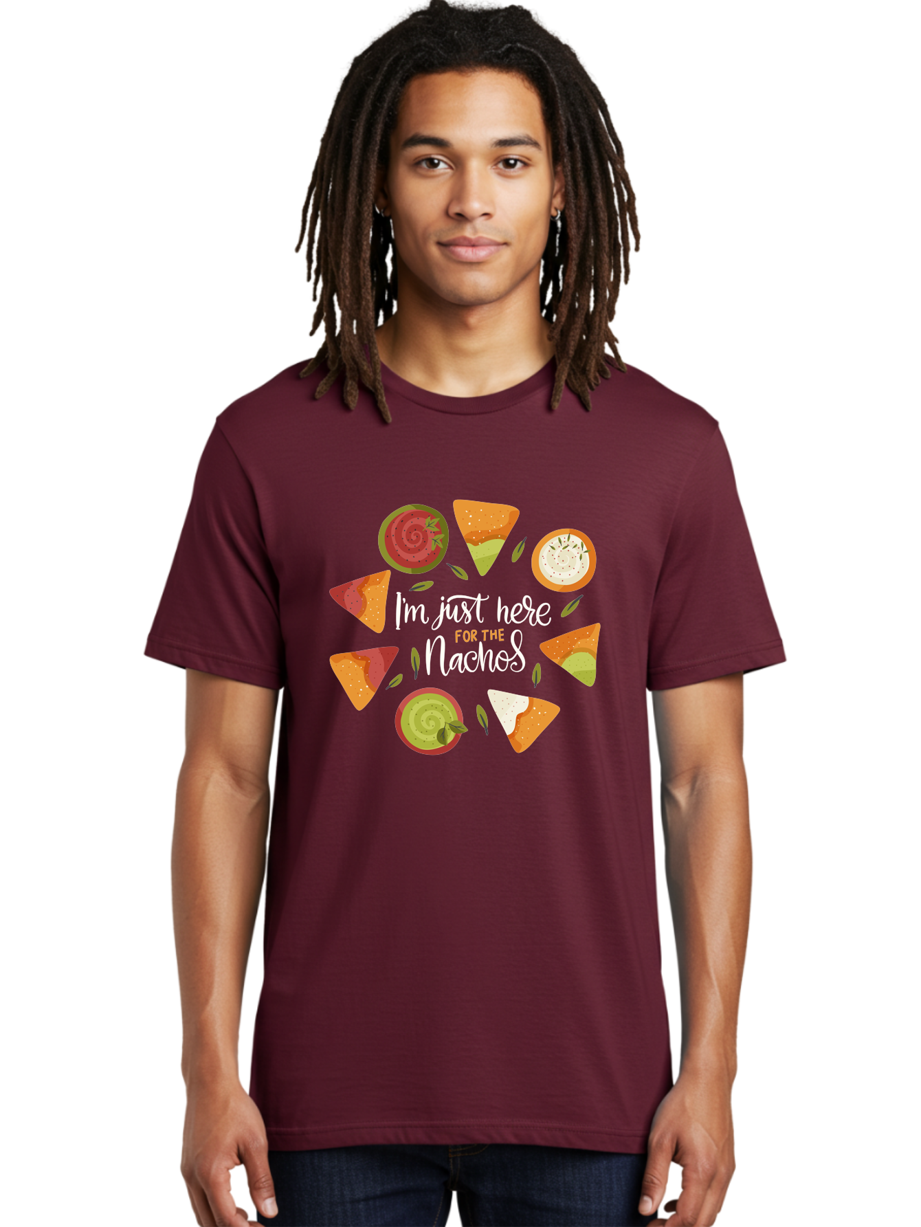 I-M-Just-Here-For-The-Nachos Men'S Graphic Tee, 100% Cotton, Comfortable Casual Summer Wear, Machine Washable, Nachos, Tortilla Chips, Dips, Salsa, Guacamole, Mexican Food, Snack Time, Party Food, Appetizer, Finger Food, Delicious - Aaa265