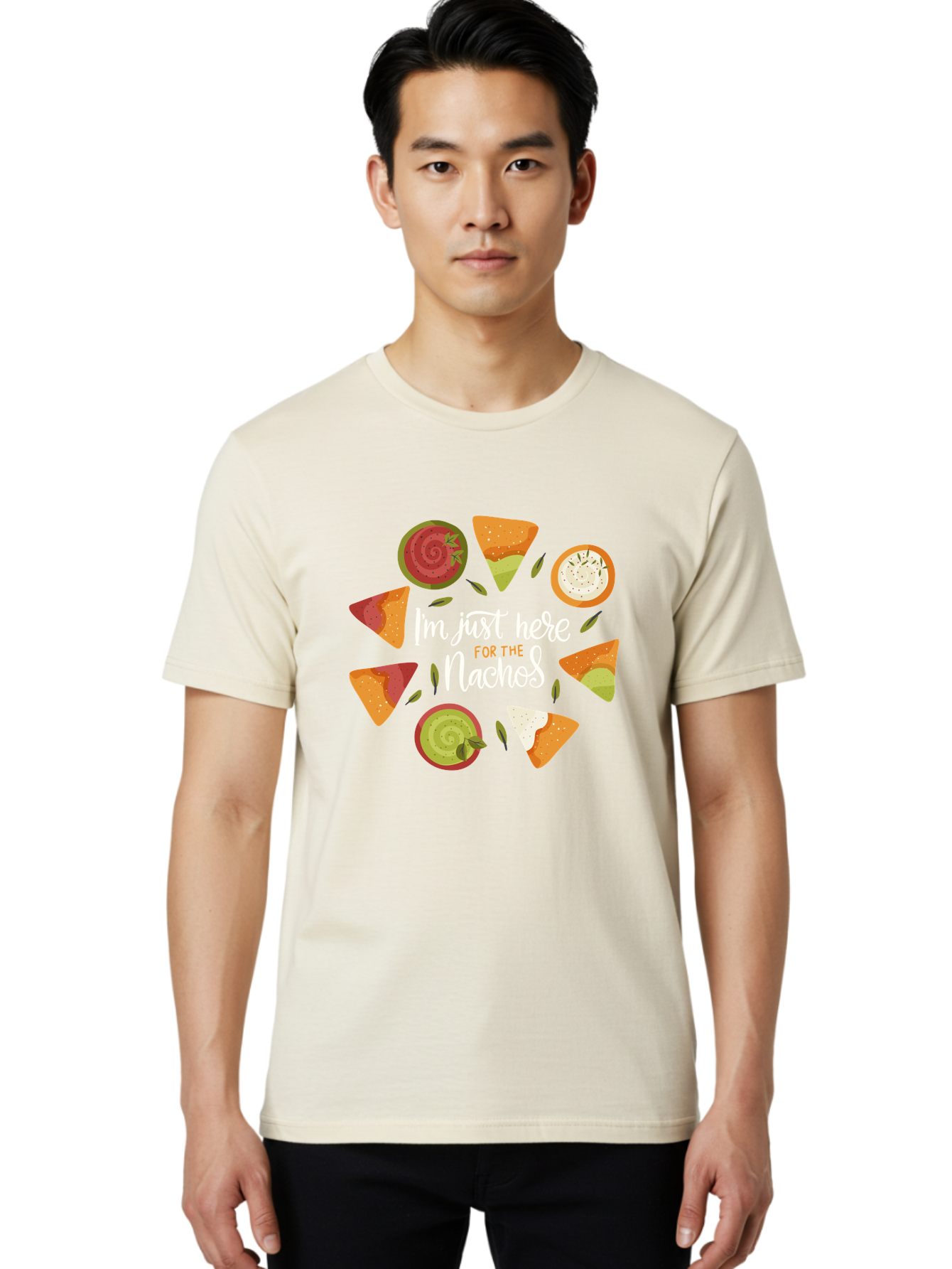 I-M-Just-Here-For-The-Nachos Men'S Graphic Tee, 100% Cotton, Comfortable Casual Summer Wear, Machine Washable, Nachos, Tortilla Chips, Dips, Salsa, Guacamole, Mexican Food, Snack Time, Party Food, Appetizer, Finger Food, Delicious - Aaa265