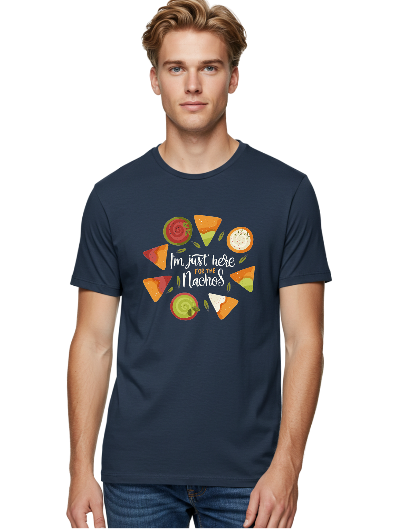 I-M-Just-Here-For-The-Nachos Men'S Graphic Tee, 100% Cotton, Comfortable Casual Summer Wear, Machine Washable, Nachos, Tortilla Chips, Dips, Salsa, Guacamole, Mexican Food, Snack Time, Party Food, Appetizer, Finger Food, Delicious - Aaa265