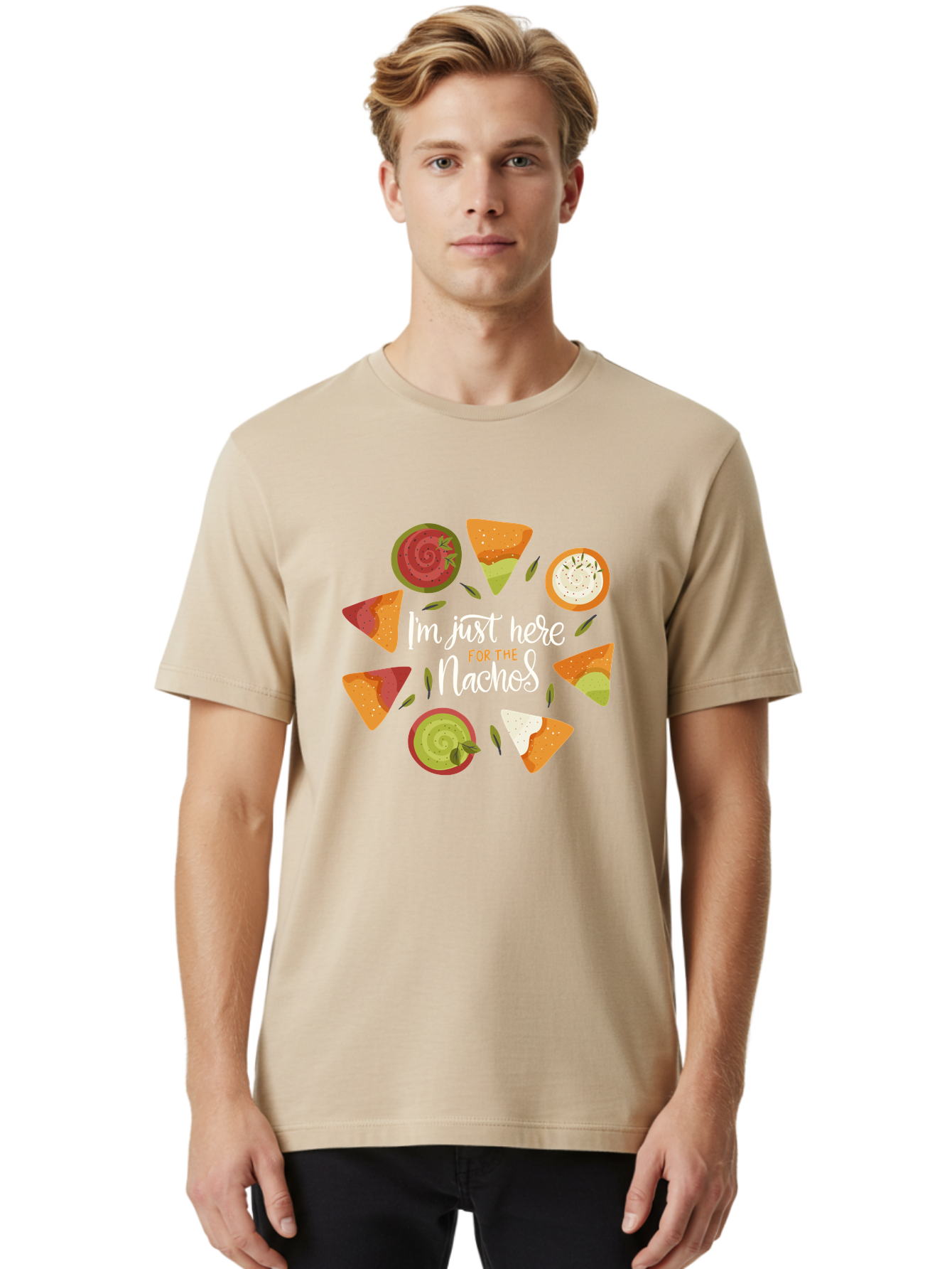 I-M-Just-Here-For-The-Nachos Men'S Graphic Tee, 100% Cotton, Comfortable Casual Summer Wear, Machine Washable, Nachos, Tortilla Chips, Dips, Salsa, Guacamole, Mexican Food, Snack Time, Party Food, Appetizer, Finger Food, Delicious - Aaa265