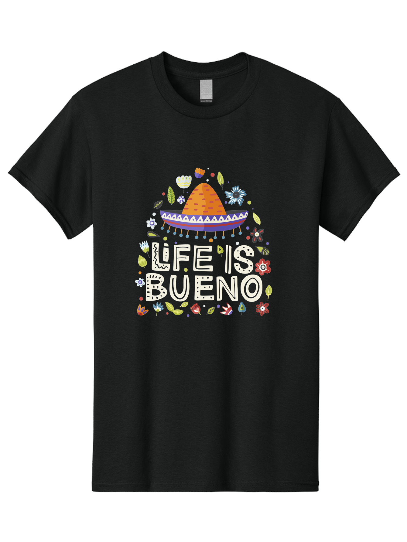 Life-Is-Bueno-1 Men'S Graphic Tee, 100% Cotton, Comfortable Casual Summer Wear, Machine Washable, Colorful Illustration, Sombrero Hat, Flowers, Leaves, Vibrant Colors, Festive Design, Mexican Culture, Positive Vibes, Inspirational Quote, - Aaa269