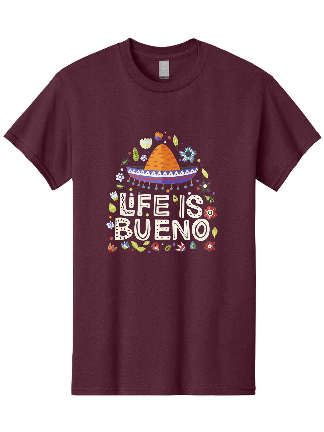 Life-Is-Bueno-1 Men'S Graphic Tee, 100% Cotton, Comfortable Casual Summer Wear, Machine Washable, Colorful Illustration, Sombrero Hat, Flowers, Leaves, Vibrant Colors, Festive Design, Mexican Culture, Positive Vibes, Inspirational Quote, - Aaa269