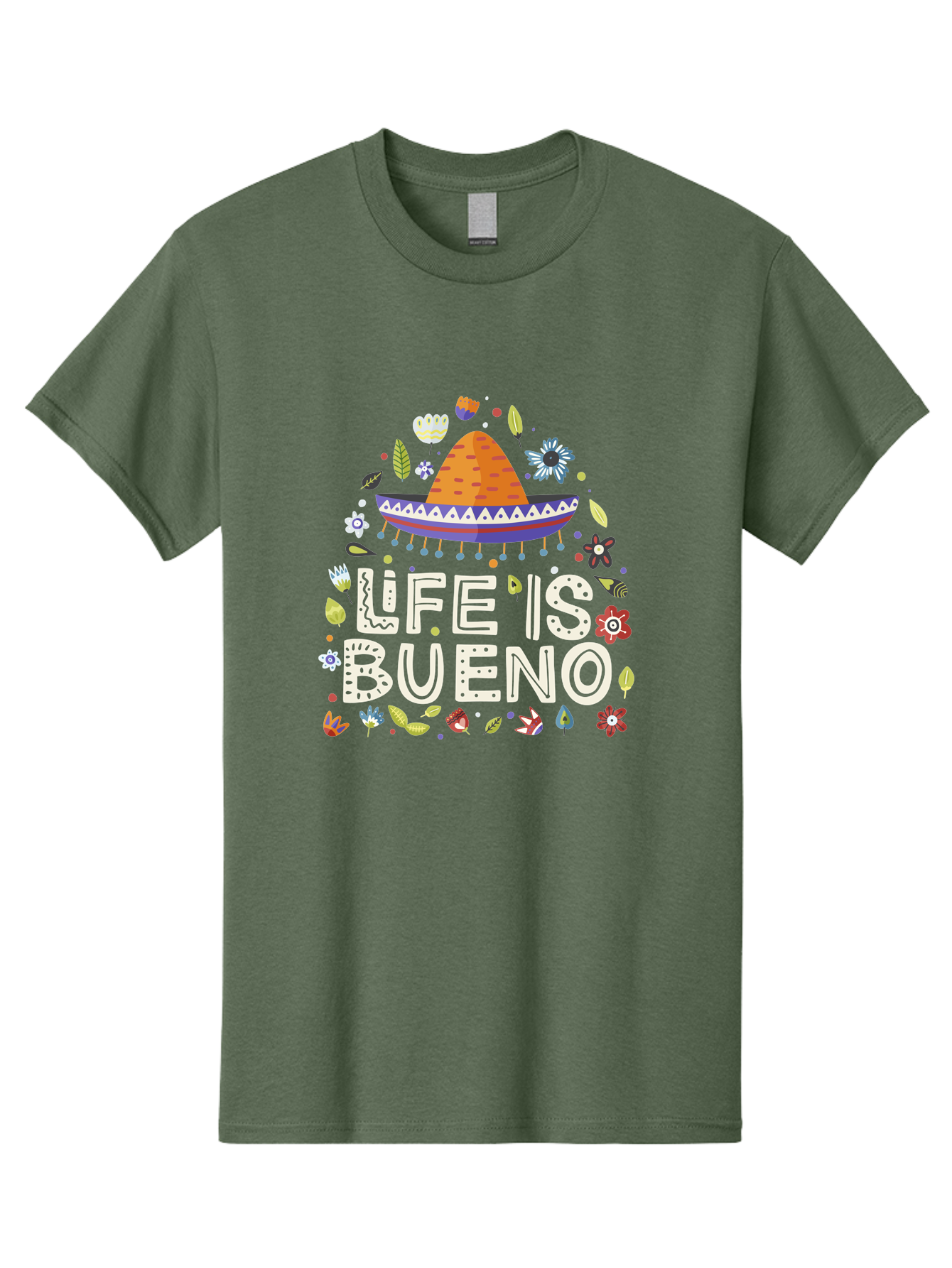 Life-Is-Bueno-1 Men'S Graphic Tee, 100% Cotton, Comfortable Casual Summer Wear, Machine Washable, Colorful Illustration, Sombrero Hat, Flowers, Leaves, Vibrant Colors, Festive Design, Mexican Culture, Positive Vibes, Inspirational Quote, - Aaa269