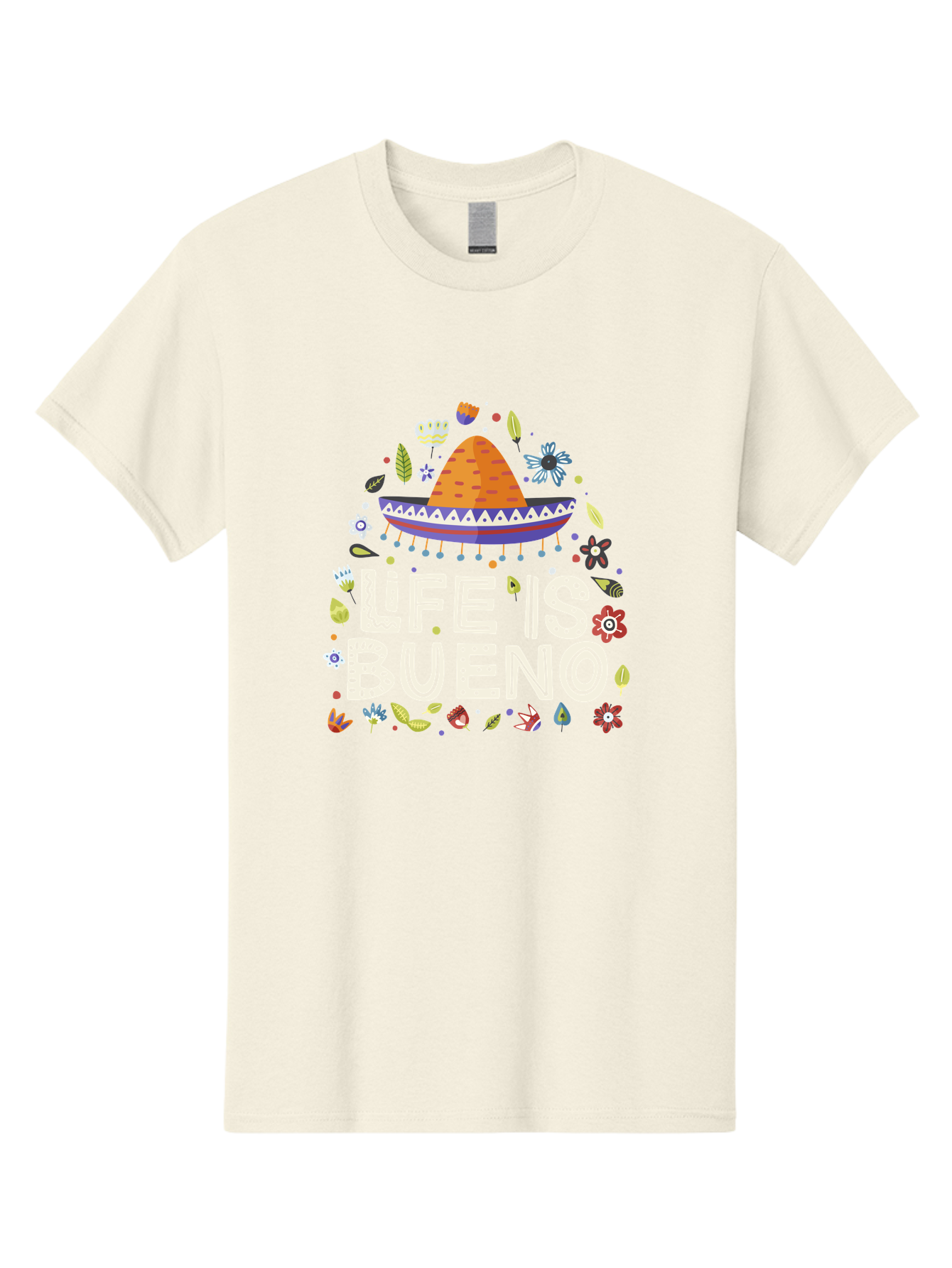 Life-Is-Bueno-1 Men'S Graphic Tee, 100% Cotton, Comfortable Casual Summer Wear, Machine Washable, Colorful Illustration, Sombrero Hat, Flowers, Leaves, Vibrant Colors, Festive Design, Mexican Culture, Positive Vibes, Inspirational Quote, - Aaa269