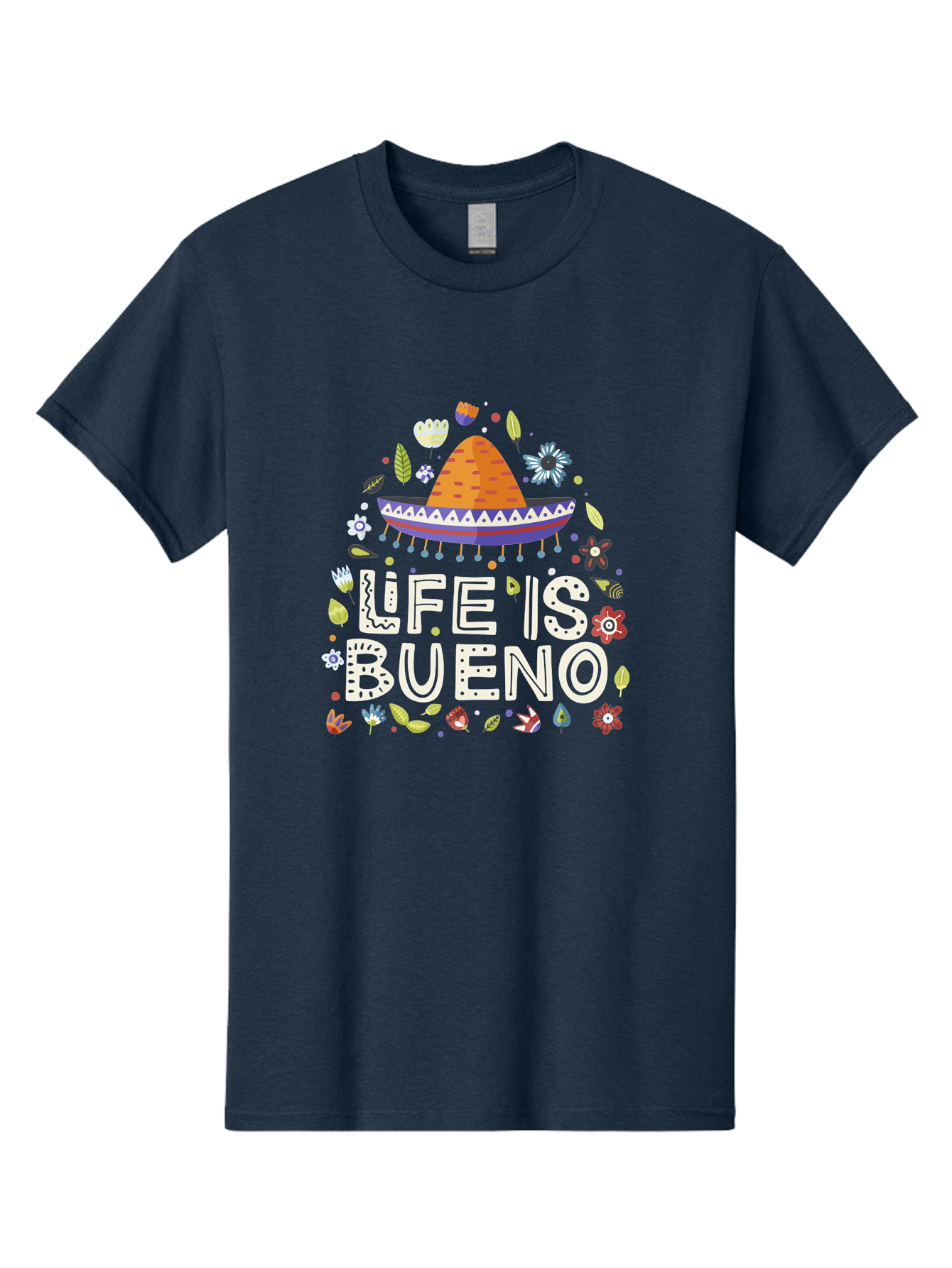 Life-Is-Bueno-1 Men'S Graphic Tee, 100% Cotton, Comfortable Casual Summer Wear, Machine Washable, Colorful Illustration, Sombrero Hat, Flowers, Leaves, Vibrant Colors, Festive Design, Mexican Culture, Positive Vibes, Inspirational Quote, - Aaa269
