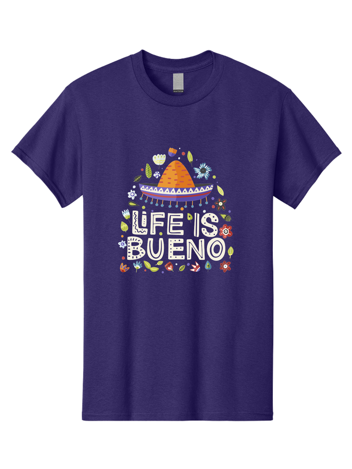 Life-Is-Bueno-1 Men'S Graphic Tee, 100% Cotton, Comfortable Casual Summer Wear, Machine Washable, Colorful Illustration, Sombrero Hat, Flowers, Leaves, Vibrant Colors, Festive Design, Mexican Culture, Positive Vibes, Inspirational Quote, - Aaa269