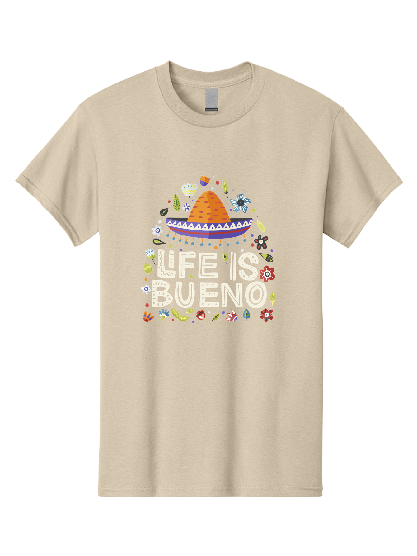 Life-Is-Bueno-1 Men'S Graphic Tee, 100% Cotton, Comfortable Casual Summer Wear, Machine Washable, Colorful Illustration, Sombrero Hat, Flowers, Leaves, Vibrant Colors, Festive Design, Mexican Culture, Positive Vibes, Inspirational Quote, - Aaa269