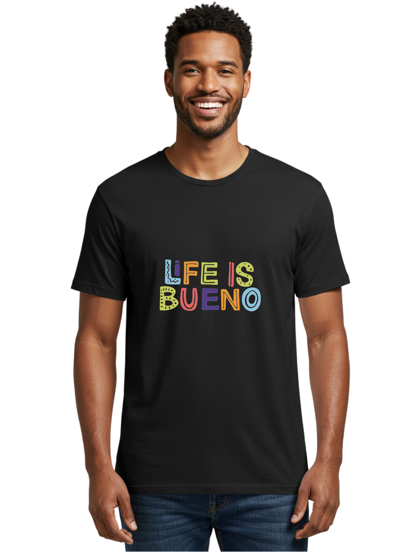 colorful typography, inspirational quote, life is bueno, positive vibes, motivational phrase, good times, happiness, text graphic, vibrant letters