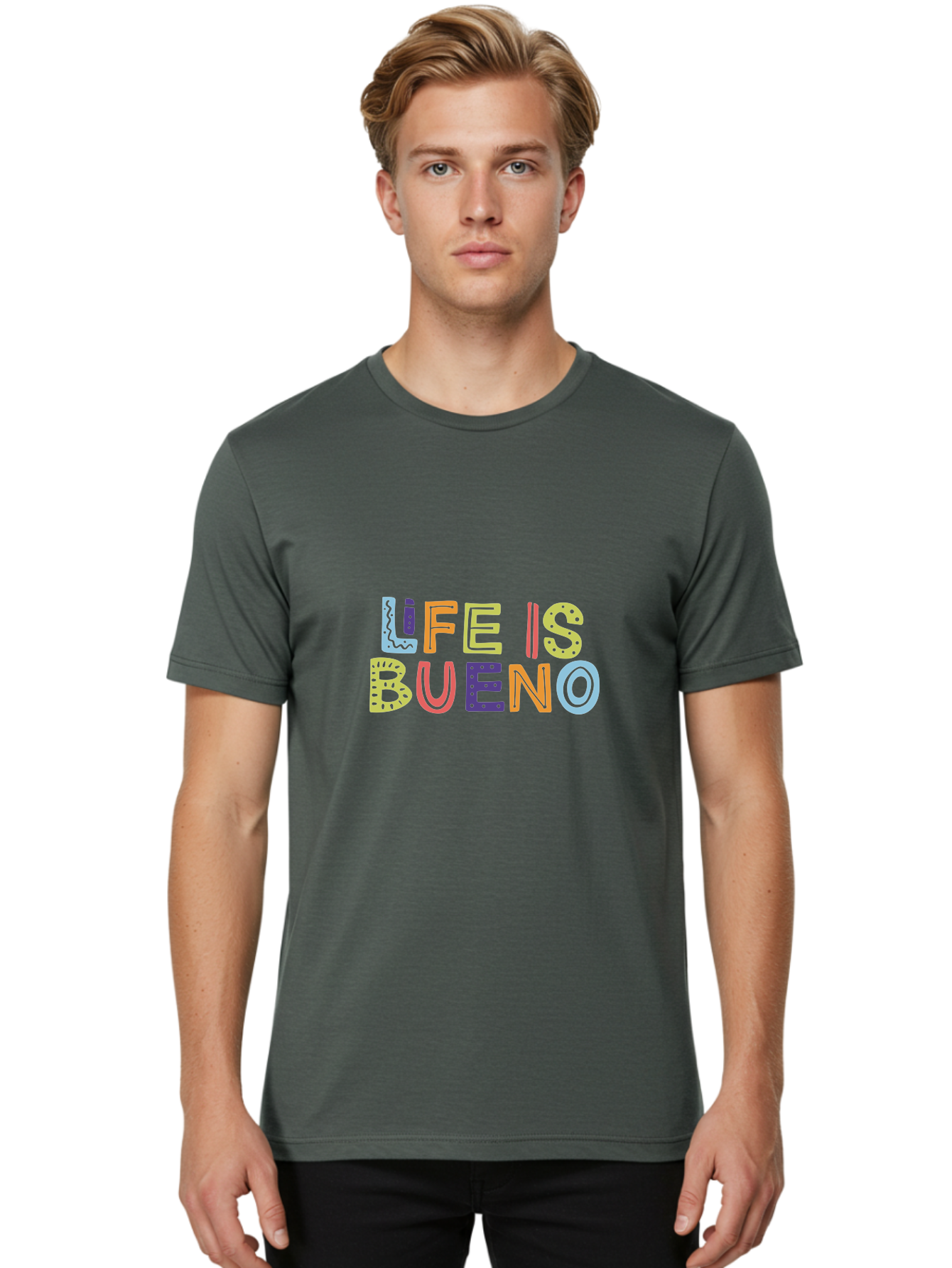 colorful typography, inspirational quote, life is bueno, positive vibes, motivational phrase, good times, happiness, text graphic, vibrant letters