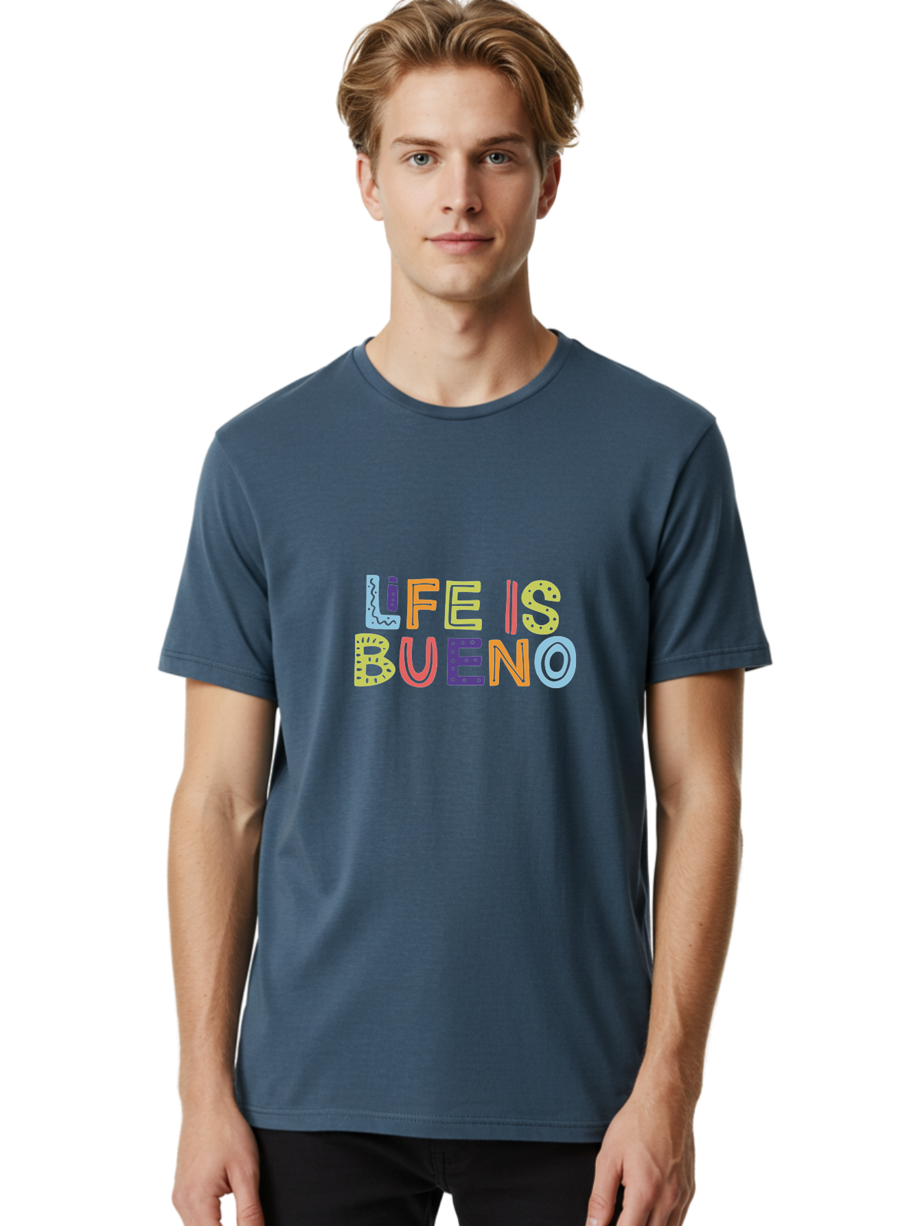 colorful typography, inspirational quote, life is bueno, positive vibes, motivational phrase, good times, happiness, text graphic, vibrant letters