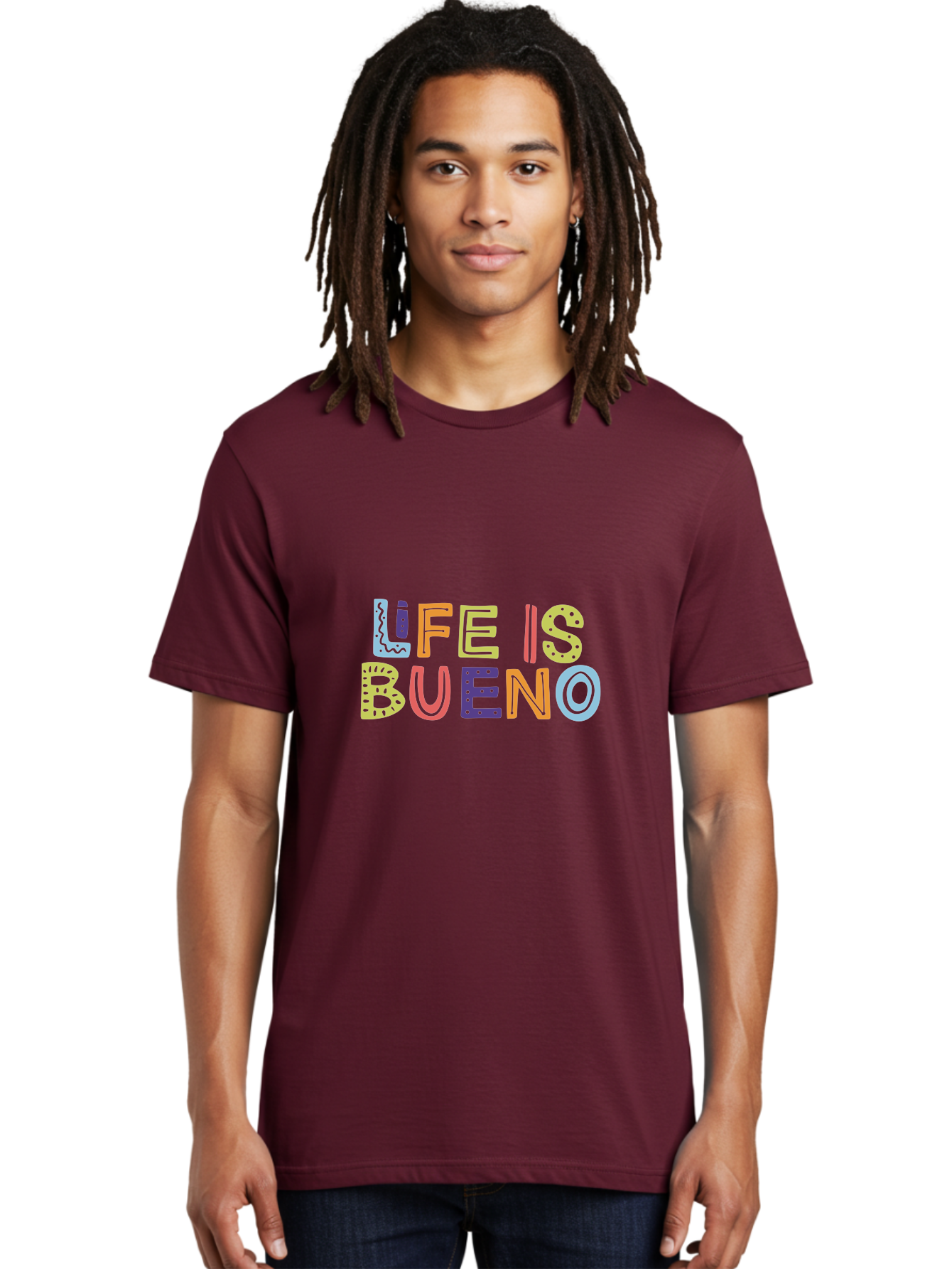 colorful typography, inspirational quote, life is bueno, positive vibes, motivational phrase, good times, happiness, text graphic, vibrant letters