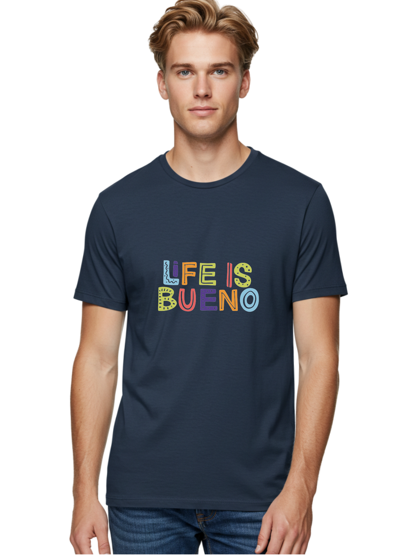 colorful typography, inspirational quote, life is bueno, positive vibes, motivational phrase, good times, happiness, text graphic, vibrant letters