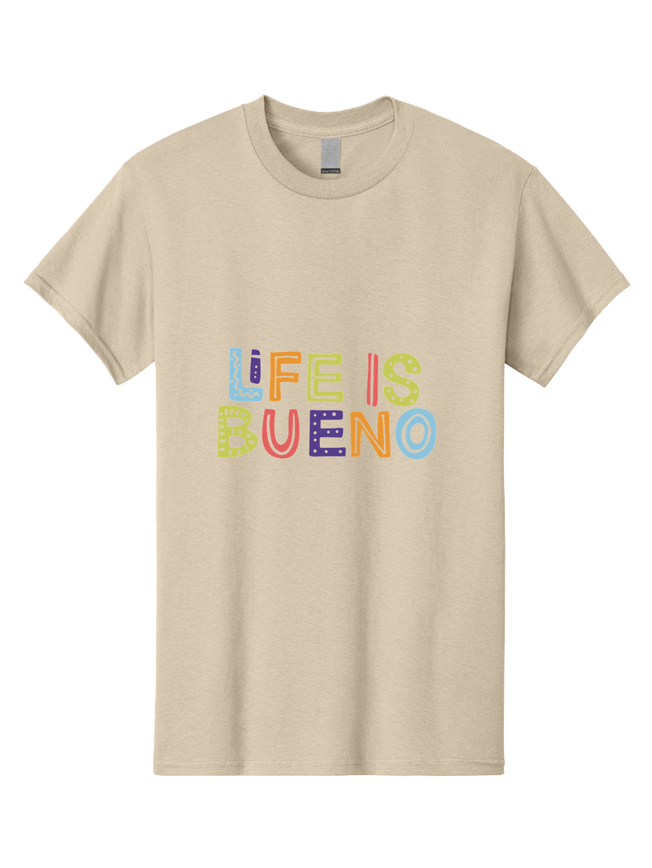 colorful typography, inspirational quote, life is bueno, positive vibes, motivational phrase, good times, happiness, text graphic, vibrant letters