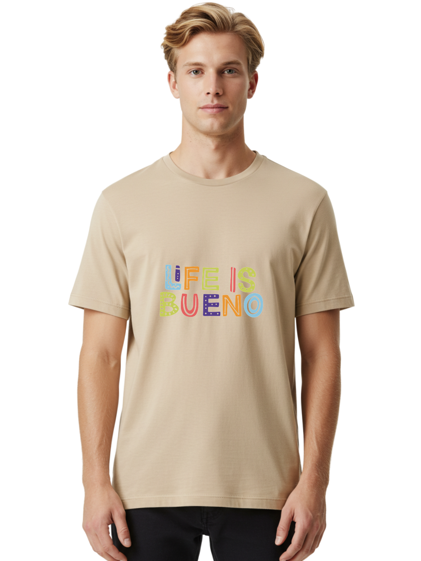 Life-Is-Bueno-2 Men'S Graphic Tee, 100% Cotton, Comfortable Casual Summer Wear, Machine Washable, Colorful Typography, Inspirational Quote, Life Is Bueno, Positive Vibes, Motivational Phrase, Good Times, Happiness, Text Graphic, - Aaa270