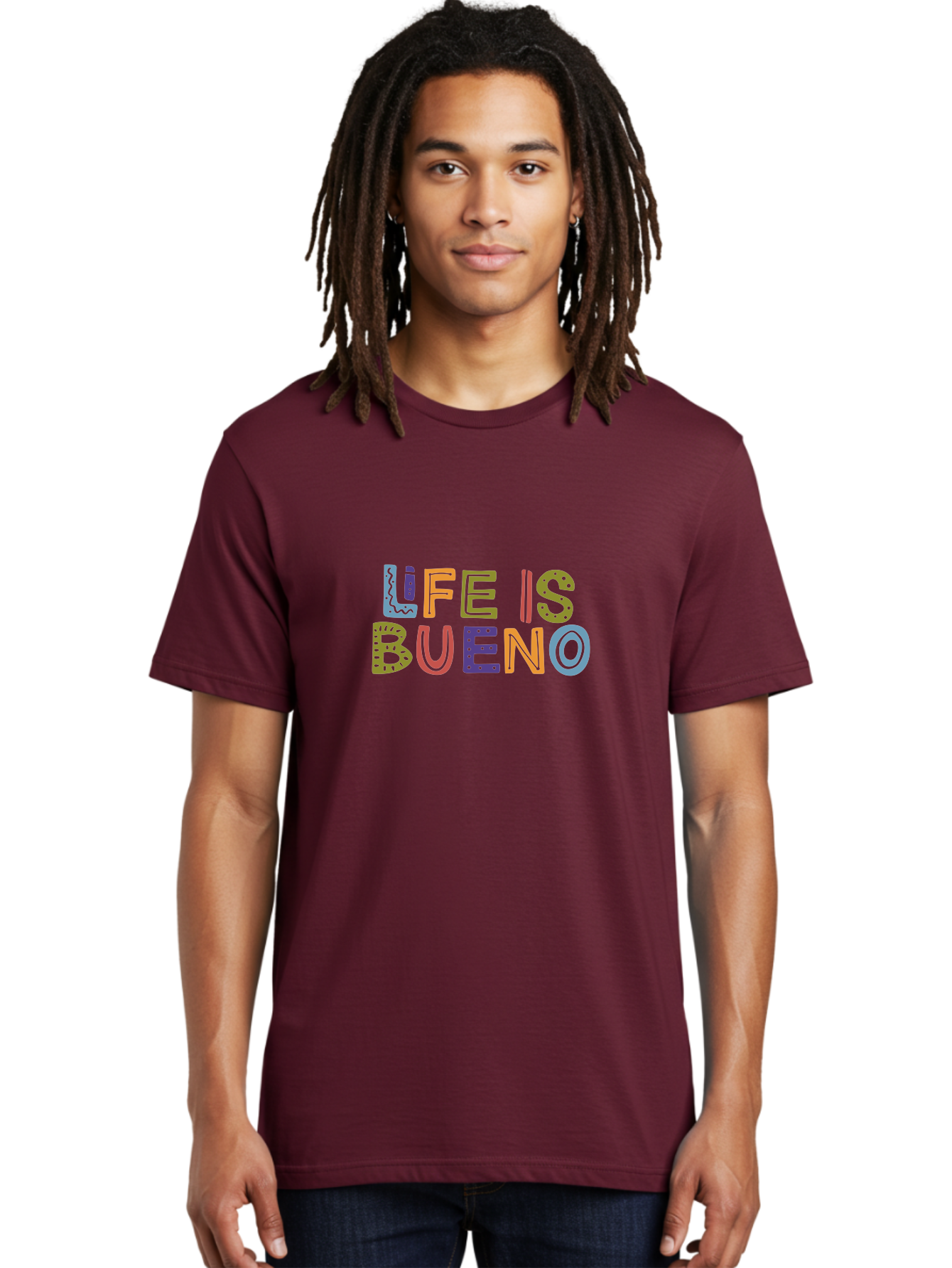 Life-Is-Bueno-3 Men'S Graphic Tee, 100% Cotton, Comfortable Casual Summer Wear, Machine Washable, Multicolored Lettering, Inspirational Quote, Motivational Phrase, Colorful Typography, Positive Vibes, Happiness, Life Is Bueno - Aaa271
