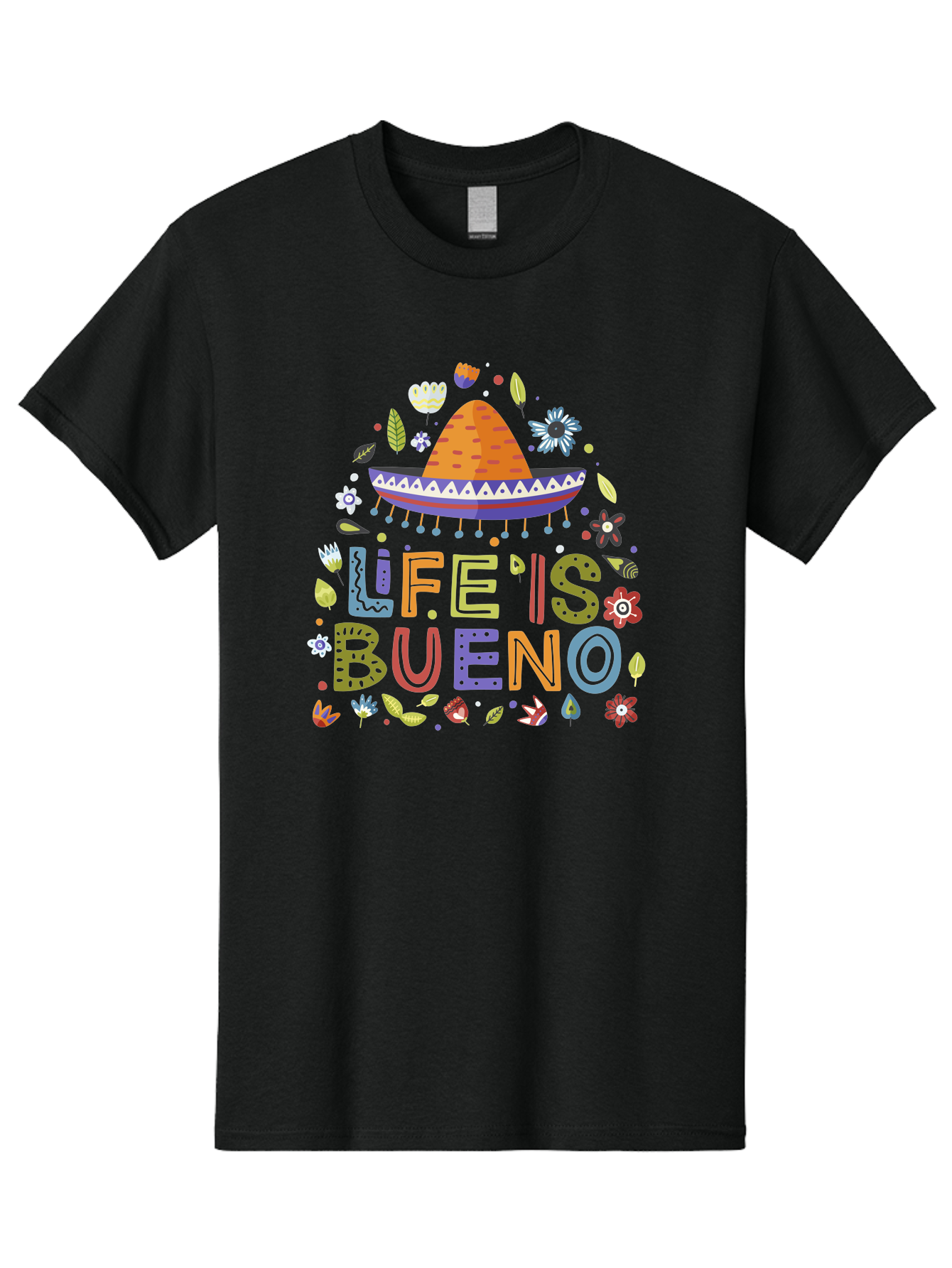 Life-Is-Bueno Men'S Graphic Tee, 100% Cotton, Comfortable Casual Summer Wear, Machine Washable, Colorful Sombrero, Vibrant Flowers, Festive Design, Fun Typography, Life Is Bueno Phrase, Lively Atmosphere, Festive Vibe, Celebration Theme, - Aaa272