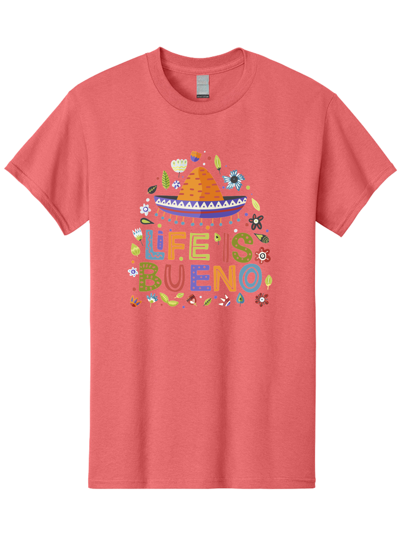 Life-Is-Bueno Men'S Graphic Tee, 100% Cotton, Comfortable Casual Summer Wear, Machine Washable, Colorful Sombrero, Vibrant Flowers, Festive Design, Fun Typography, Life Is Bueno Phrase, Lively Atmosphere, Festive Vibe, Celebration Theme, - Aaa272