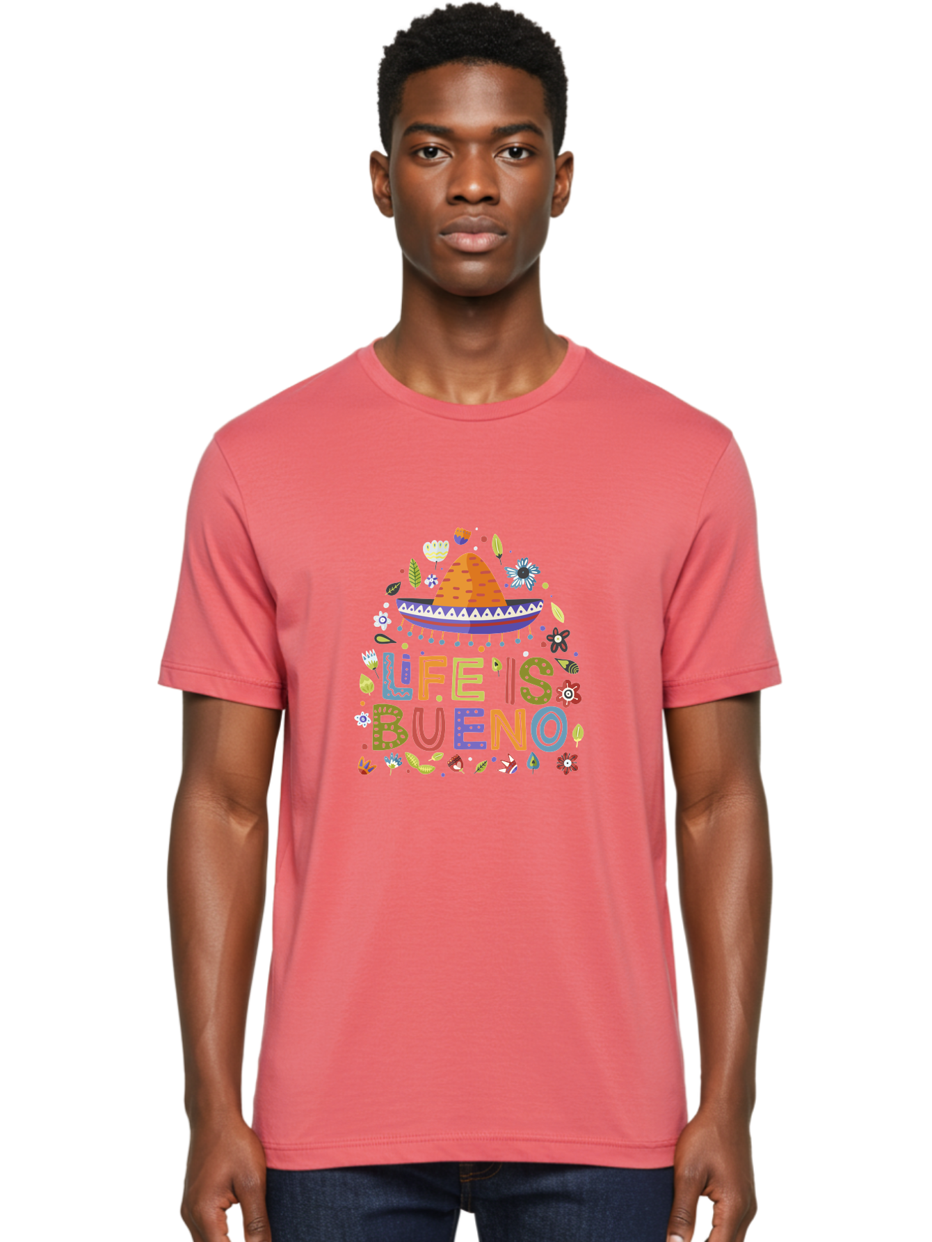 Life-Is-Bueno Men'S Graphic Tee, 100% Cotton, Comfortable Casual Summer Wear, Machine Washable, Colorful Sombrero, Vibrant Flowers, Festive Design, Fun Typography, Life Is Bueno Phrase, Lively Atmosphere, Festive Vibe, Celebration Theme, - Aaa272
