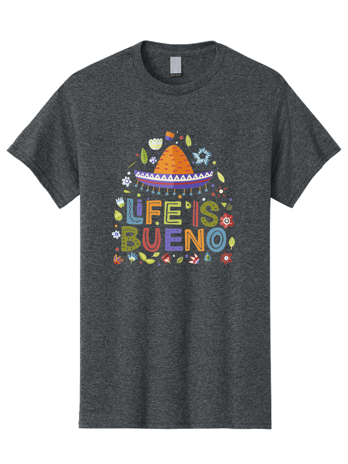 Life-Is-Bueno Men'S Graphic Tee, 100% Cotton, Comfortable Casual Summer Wear, Machine Washable, Colorful Sombrero, Vibrant Flowers, Festive Design, Fun Typography, Life Is Bueno Phrase, Lively Atmosphere, Festive Vibe, Celebration Theme, - Aaa272