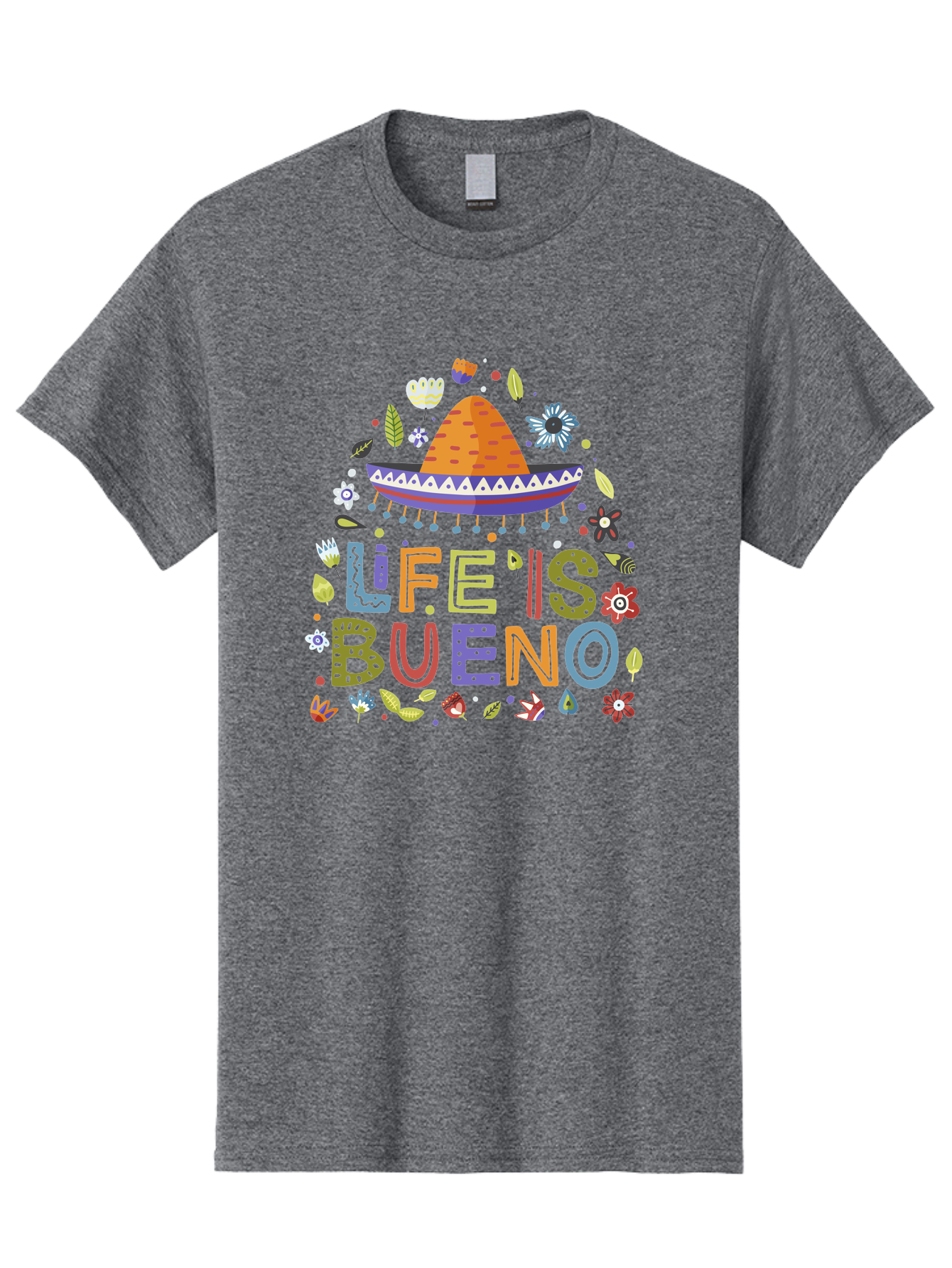Life-Is-Bueno Men'S Graphic Tee, 100% Cotton, Comfortable Casual Summer Wear, Machine Washable, Colorful Sombrero, Vibrant Flowers, Festive Design, Fun Typography, Life Is Bueno Phrase, Lively Atmosphere, Festive Vibe, Celebration Theme, - Aaa272