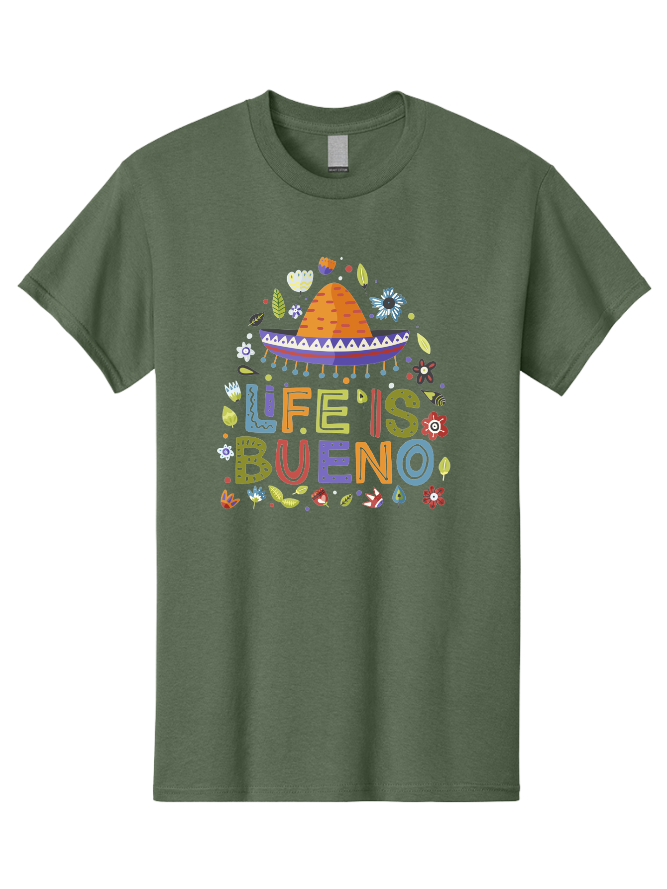Life-Is-Bueno Men'S Graphic Tee, 100% Cotton, Comfortable Casual Summer Wear, Machine Washable, Colorful Sombrero, Vibrant Flowers, Festive Design, Fun Typography, Life Is Bueno Phrase, Lively Atmosphere, Festive Vibe, Celebration Theme, - Aaa272