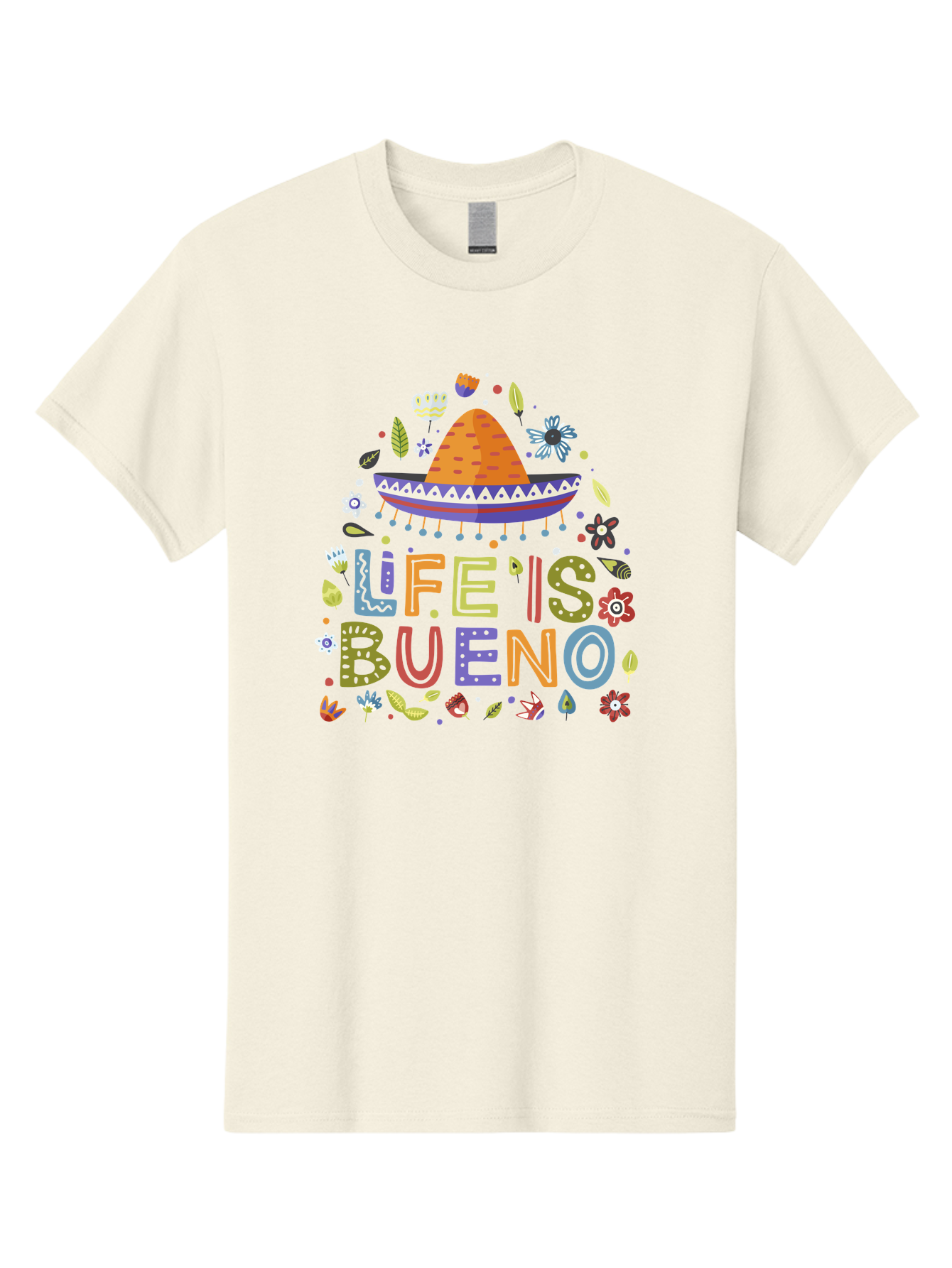 Life-Is-Bueno Men'S Graphic Tee, 100% Cotton, Comfortable Casual Summer Wear, Machine Washable, Colorful Sombrero, Vibrant Flowers, Festive Design, Fun Typography, Life Is Bueno Phrase, Lively Atmosphere, Festive Vibe, Celebration Theme, - Aaa272