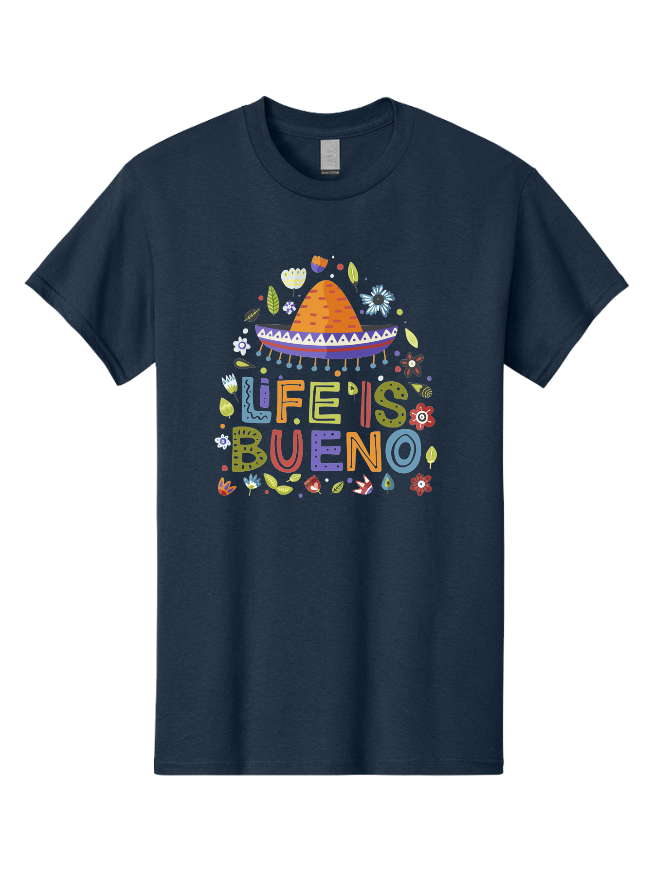 Life-Is-Bueno Men'S Graphic Tee, 100% Cotton, Comfortable Casual Summer Wear, Machine Washable, Colorful Sombrero, Vibrant Flowers, Festive Design, Fun Typography, Life Is Bueno Phrase, Lively Atmosphere, Festive Vibe, Celebration Theme, - Aaa272