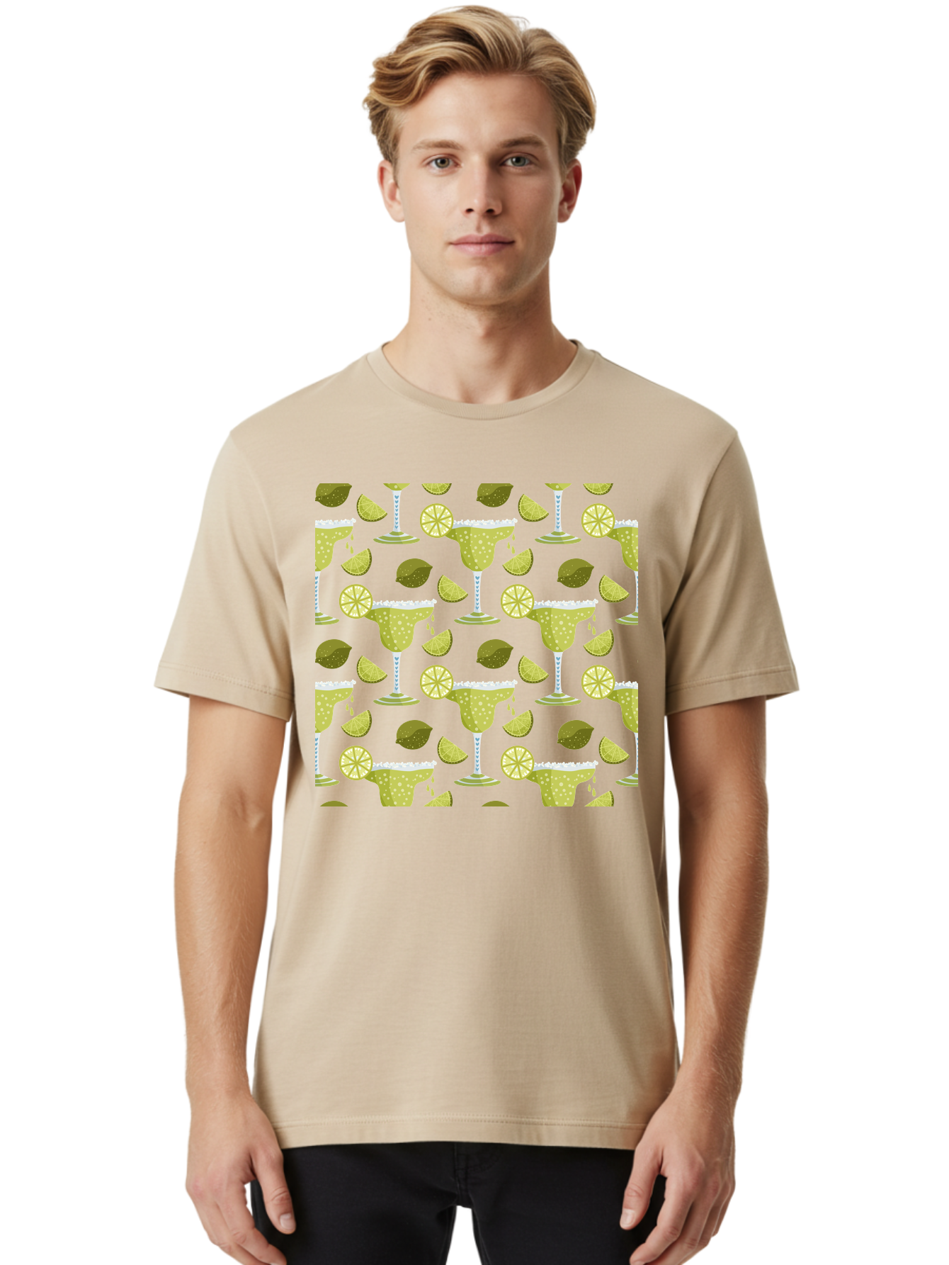 Margarita-Glasses-Lime-Wedges Men'S Graphic Tee, 100% Cotton, Comfortable Casual Summer Wear, Machine Washable, Margarita Glasses, Cocktail Glasses, Yellow Polka Dots, Salt Rims, Lime Wedges, Citrus Slices, Festive Patterns, - Aaa277