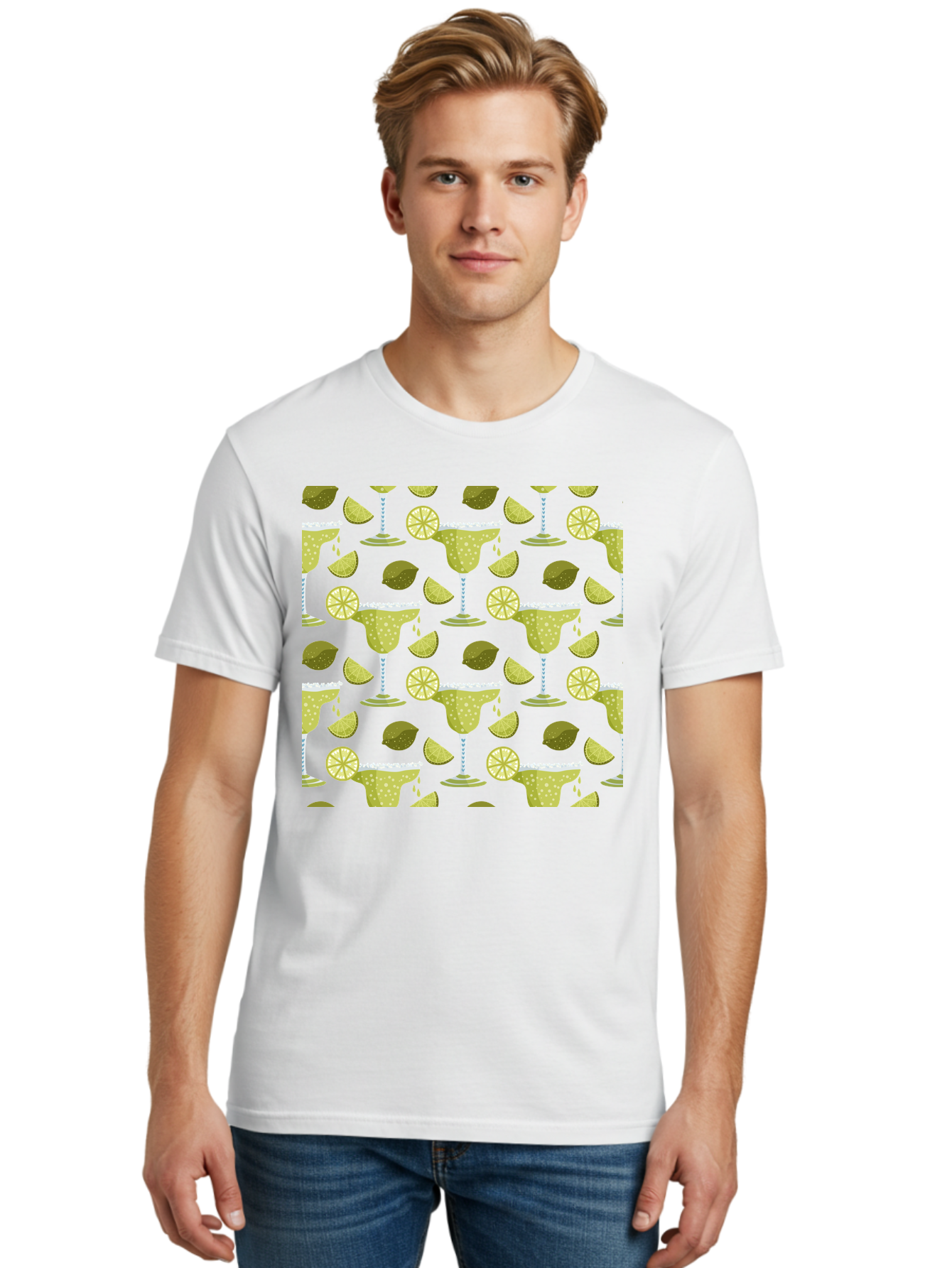 Margarita-Glasses-Lime-Wedges Men'S Graphic Tee, 100% Cotton, Comfortable Casual Summer Wear, Machine Washable, Margarita Glasses, Cocktail Glasses, Yellow Polka Dots, Salt Rims, Lime Wedges, Citrus Slices, Festive Patterns, - Aaa277
