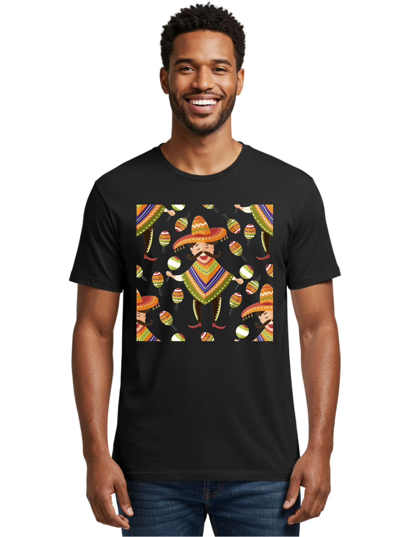 Mariachi-Pattern Men'S Graphic Tee, 100% Cotton, Comfortable Casual Summer Wear, Machine Washable, Mexican Mariachi, Colorful Sombrero, Traditional Clothing, Maracas, Festive Atmosphere, Lively Music, Vibrant Colors, Cultural Heritage, - Aaa278