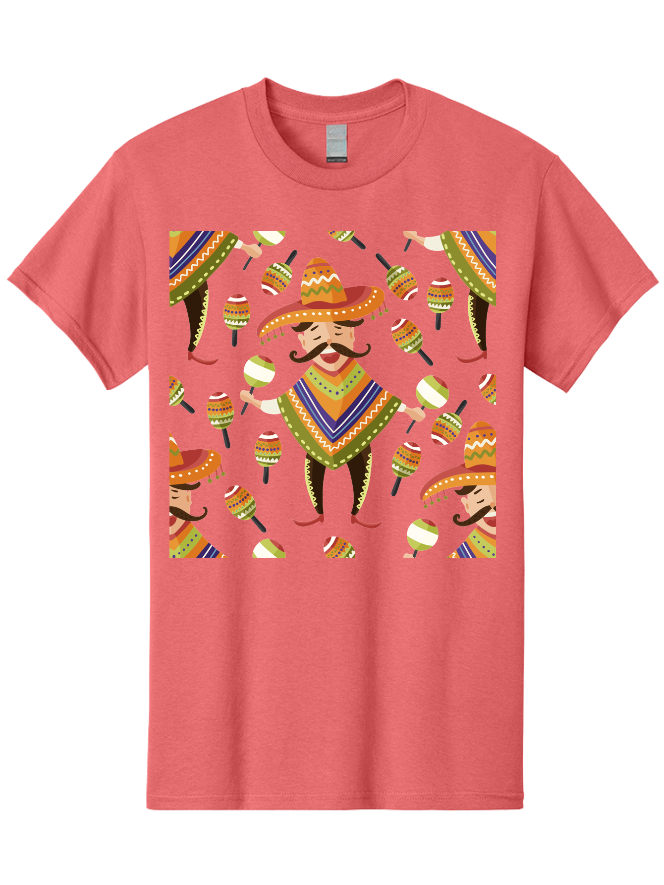 Mariachi-Pattern Men'S Graphic Tee, 100% Cotton, Comfortable Casual Summer Wear, Machine Washable, Mexican Mariachi, Colorful Sombrero, Traditional Clothing, Maracas, Festive Atmosphere, Lively Music, Vibrant Colors, Cultural Heritage, - Aaa278