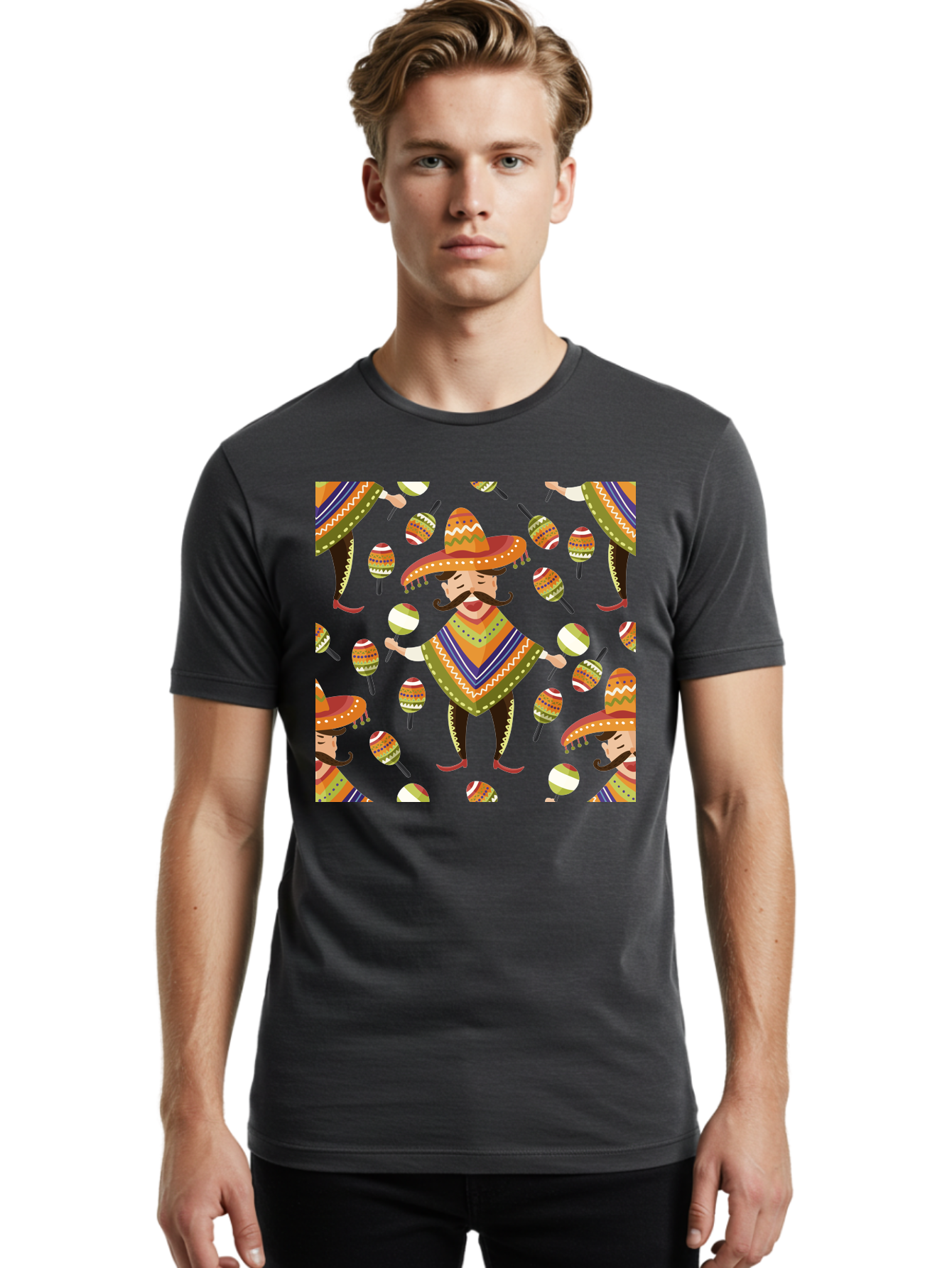 Mariachi-Pattern Men'S Graphic Tee, 100% Cotton, Comfortable Casual Summer Wear, Machine Washable, Mexican Mariachi, Colorful Sombrero, Traditional Clothing, Maracas, Festive Atmosphere, Lively Music, Vibrant Colors, Cultural Heritage, - Aaa278