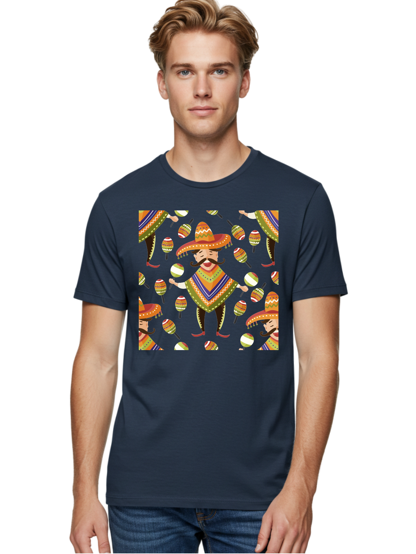 Mariachi-Pattern Men'S Graphic Tee, 100% Cotton, Comfortable Casual Summer Wear, Machine Washable, Mexican Mariachi, Colorful Sombrero, Traditional Clothing, Maracas, Festive Atmosphere, Lively Music, Vibrant Colors, Cultural Heritage, - Aaa278