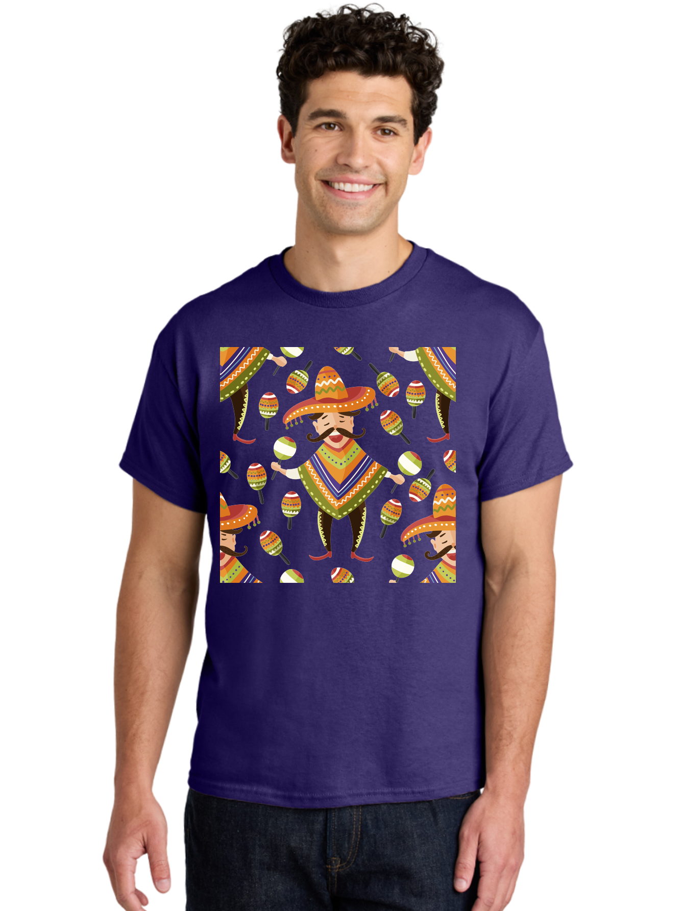 Mariachi-Pattern Men'S Graphic Tee, 100% Cotton, Comfortable Casual Summer Wear, Machine Washable, Mexican Mariachi, Colorful Sombrero, Traditional Clothing, Maracas, Festive Atmosphere, Lively Music, Vibrant Colors, Cultural Heritage, - Aaa278