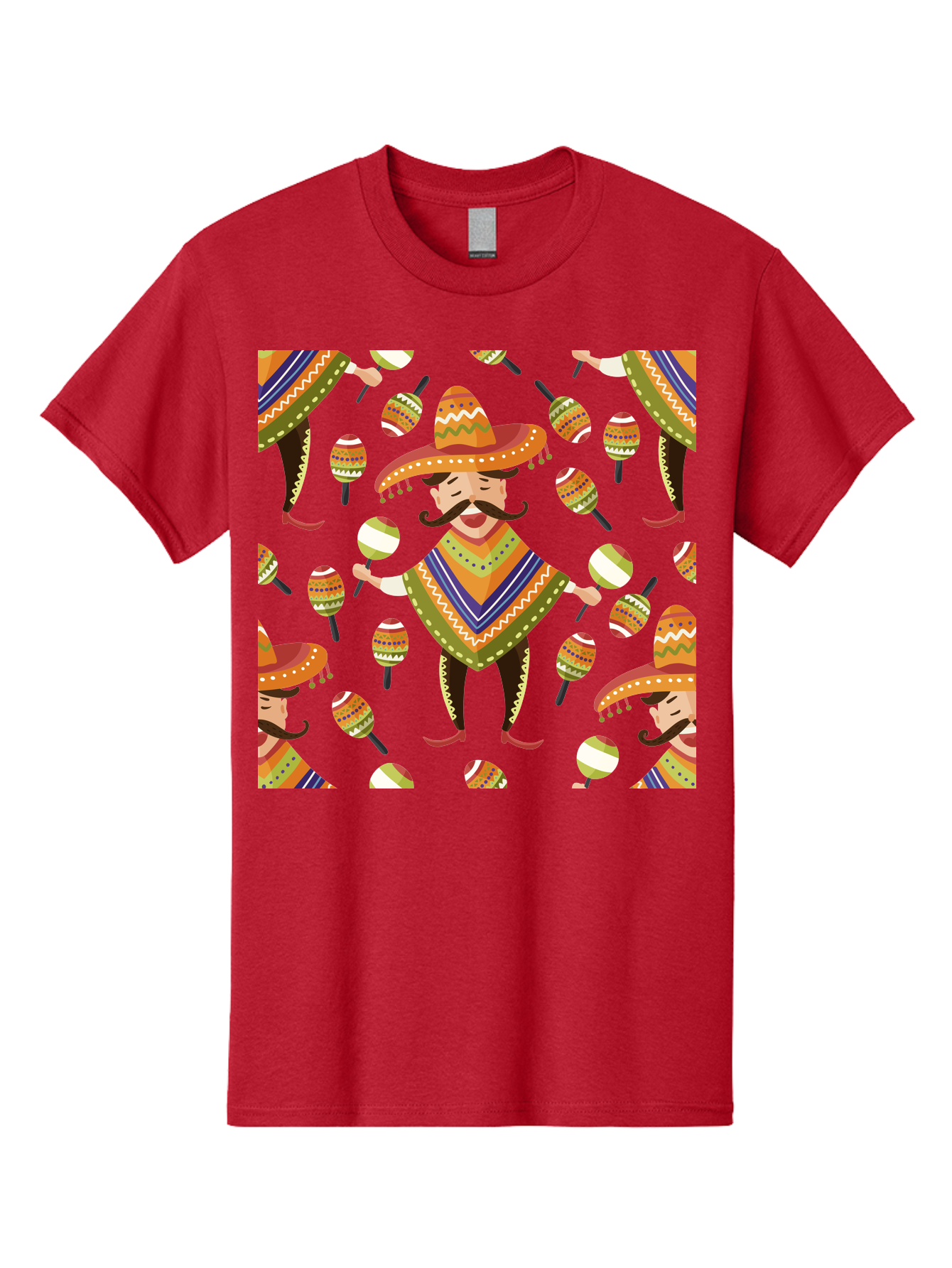 Mariachi-Pattern Men'S Graphic Tee, 100% Cotton, Comfortable Casual Summer Wear, Machine Washable, Mexican Mariachi, Colorful Sombrero, Traditional Clothing, Maracas, Festive Atmosphere, Lively Music, Vibrant Colors, Cultural Heritage, - Aaa278
