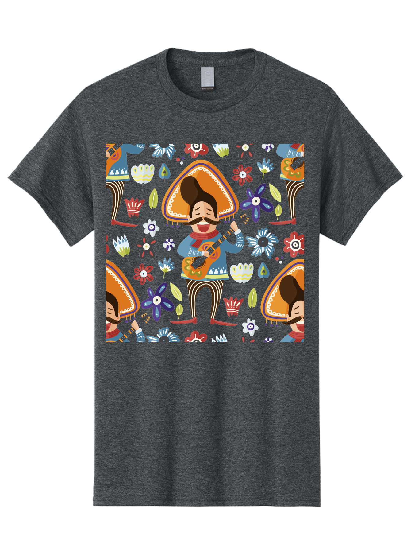 Mexican-Guitarist Men'S Graphic Tee, 100% Cotton, Comfortable Casual Summer Wear, Machine Washable, Mariachi Man Playing Guitar, Sombrero Hat, Mustache, Vibrant Flowers, Festive Atmosphere, Lively Music, Cultural Heritage, - Aaa279